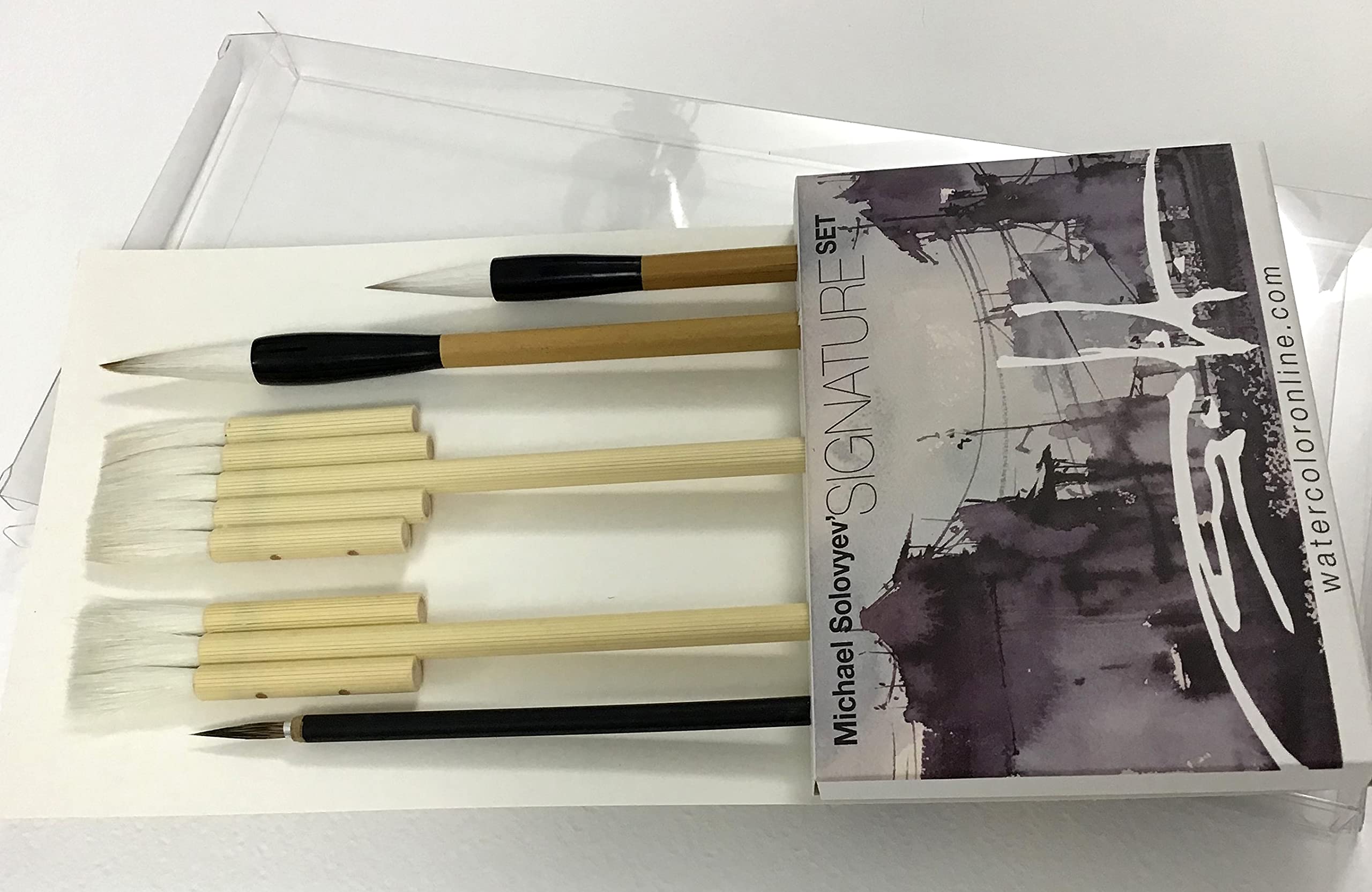 Michael Solovyev Signature Watercolor Brush Set - 5-Piece Handcrafted Natural Hair Paint Brushes for Artists (Flat, Calligraphy & Liner) with Wooden Handles - Perfect for Watercolor Painting, Calligraphy & Fine Art Projects