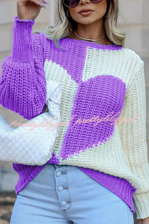 Round Neck Bell Sleeves Heart Contrast Knit Sweater for Women | Cozy Long Sleeve Pullover for Fall & Winter | Perfect for Office, Date Night and Casual Outfits
