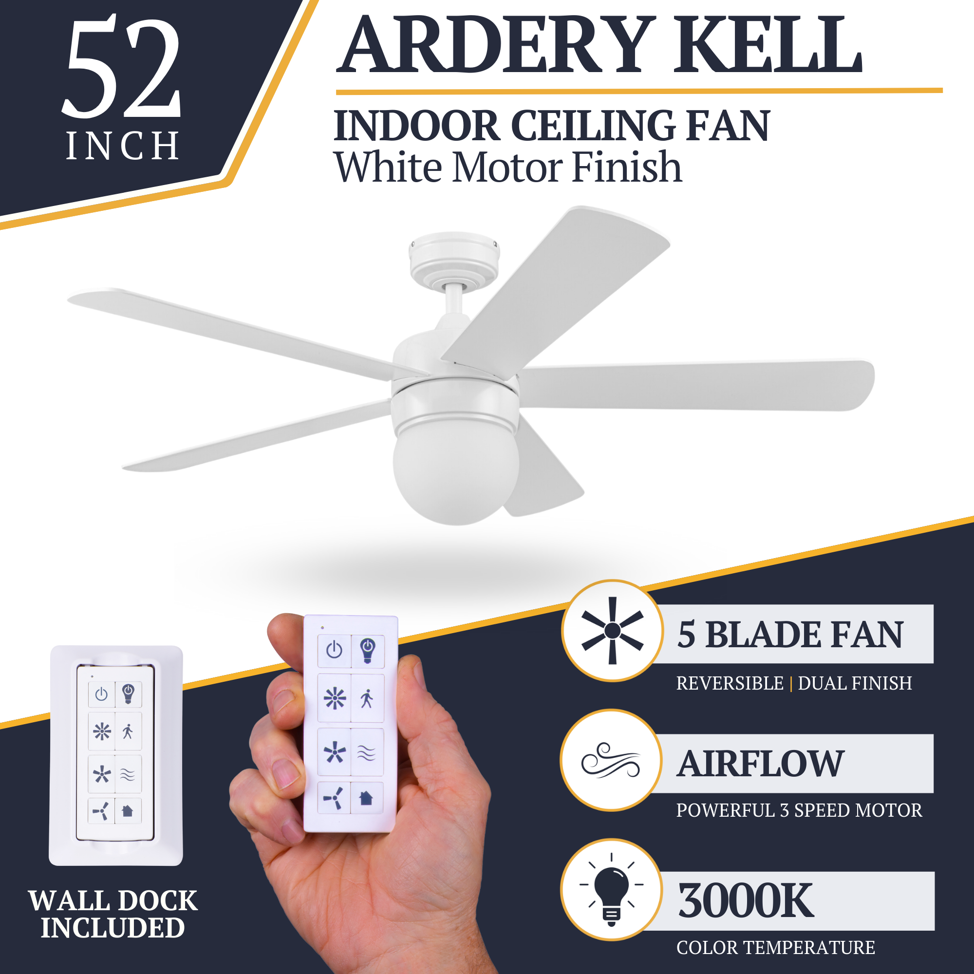 52 Inch White Ardrey Kell Ceiling Fan with Remote Control - Perfect for Living Room, Bedroom, and Outdoor Spaces