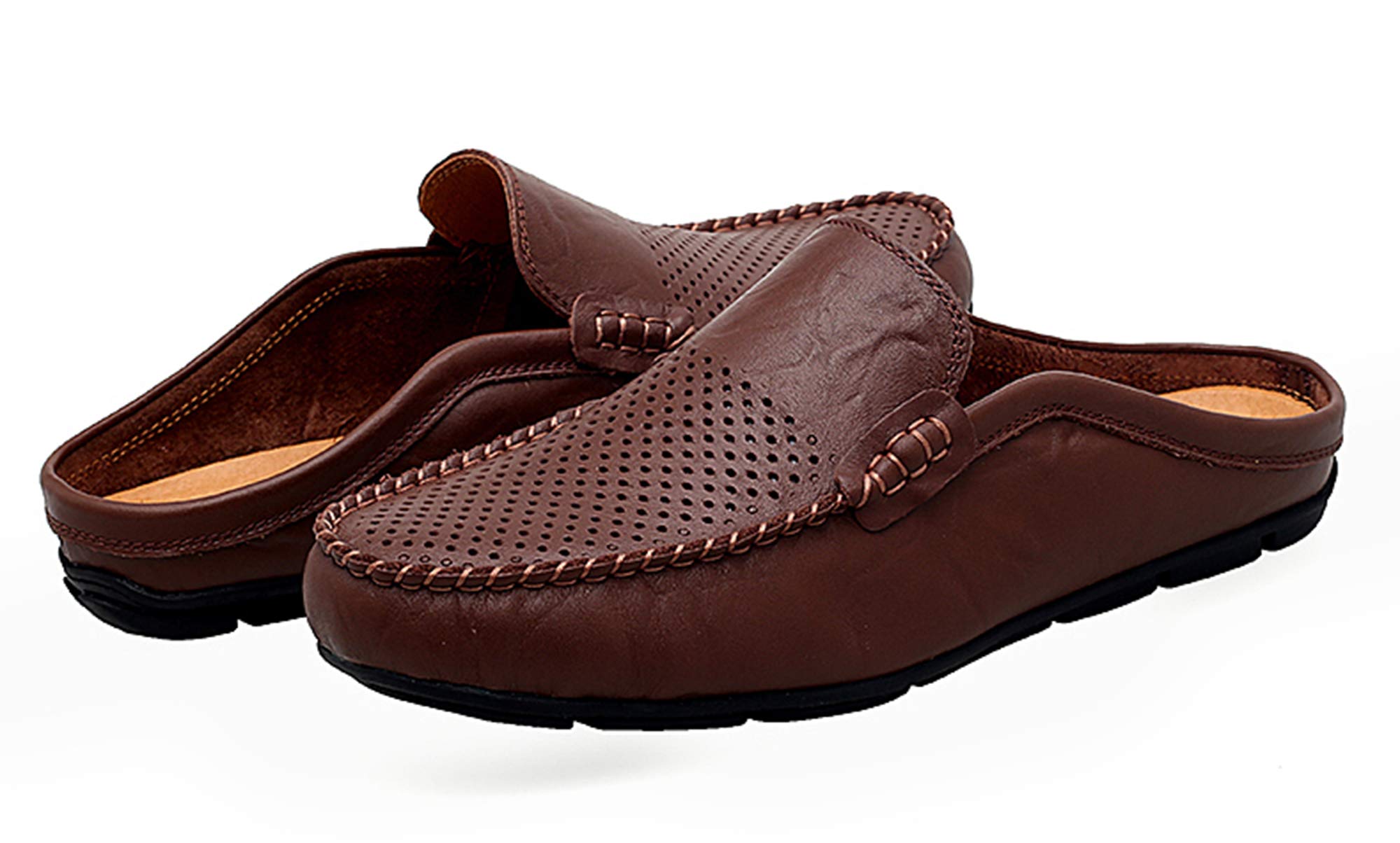 Go Tour Men's Mules Clog Slippers - Breathable Leather Slip-On Loafers with Punching Design for Casual Wear | Perfect for Home, Office & Outdoor Comfort