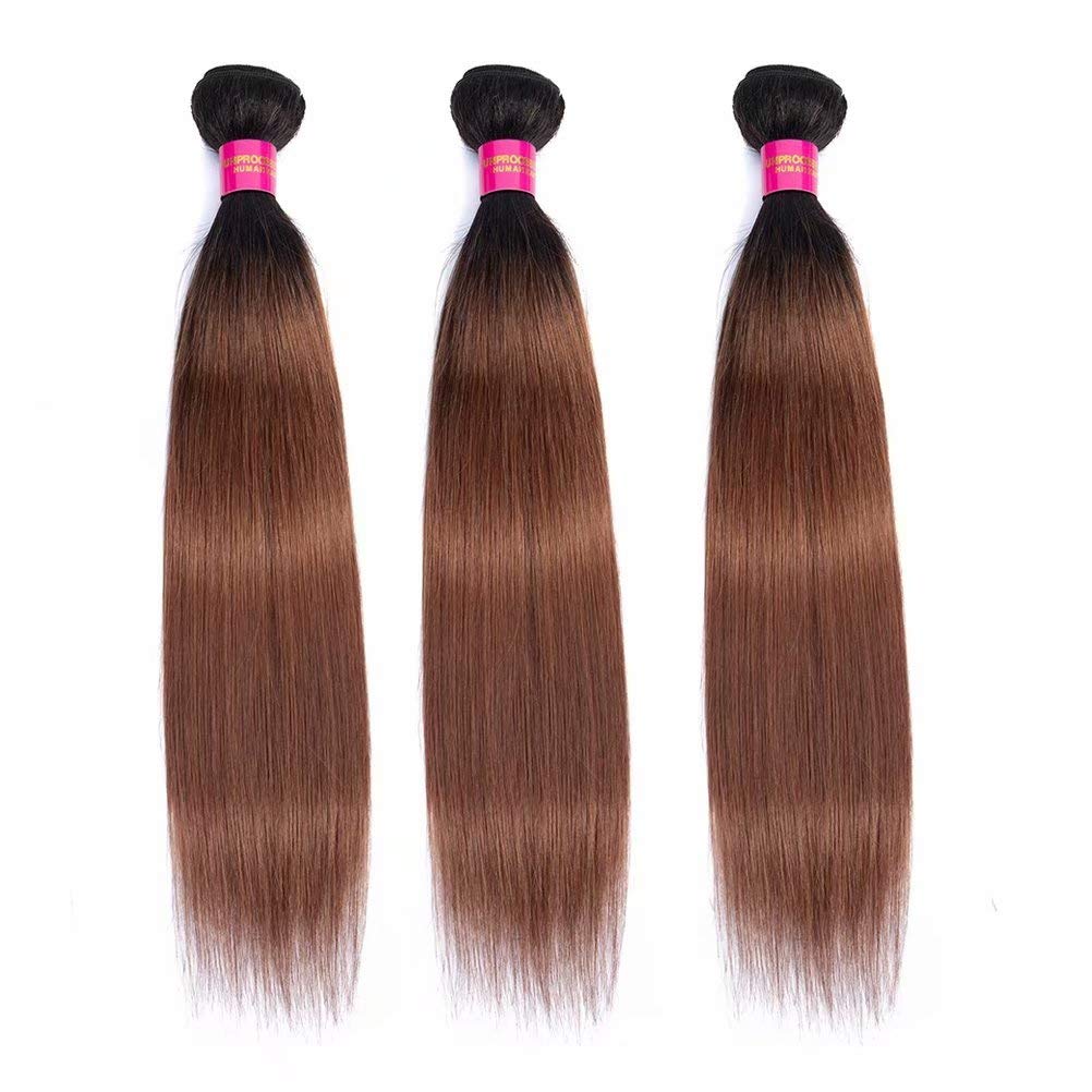 FEEL ME Black to Brown Straight Ombre Human Hair Bundles 1B/30 | 100% Virgin Brazilian Hair Extensions | Unprocessed 8A Grade Silky Straight Weave (14 16 18 Inches) | Perfect for Daily Wear, Parties & Special Occasions