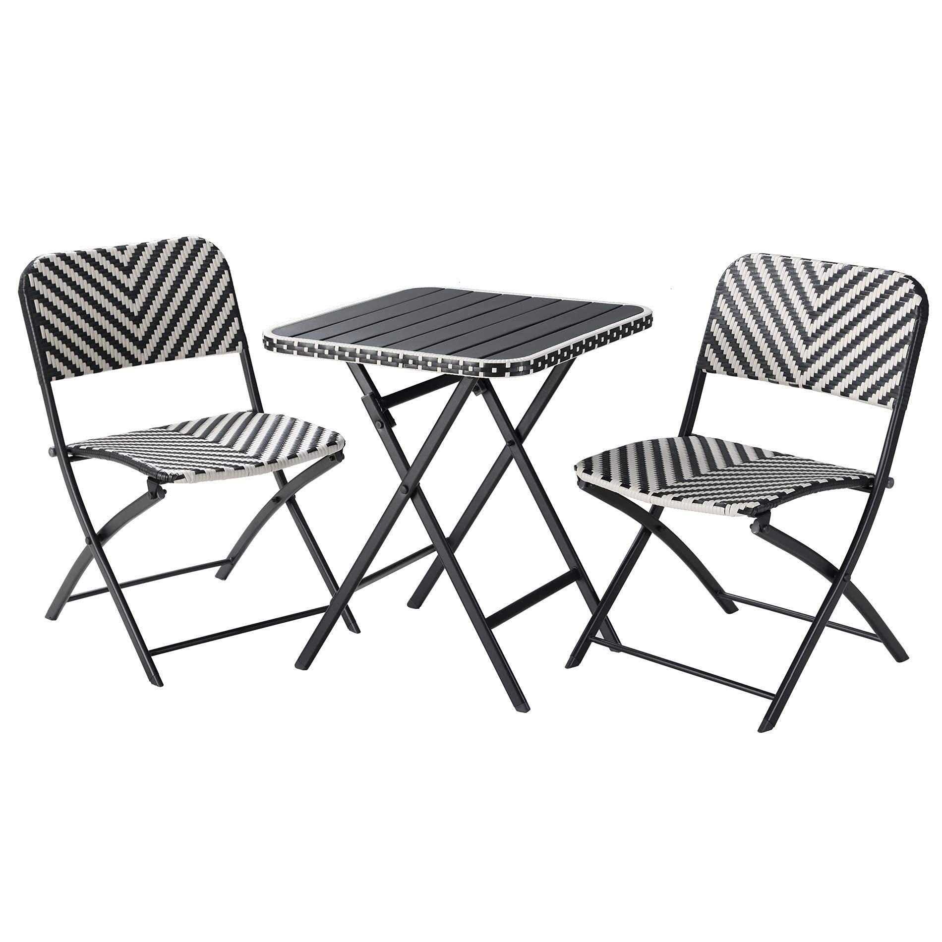 WAMPAT 3-Piece Patio Bistro Set - Oversized Wicker Folding Chairs with Iron Slatted Table for Small Spaces, Lawn, Pool, Balcony & Garden - Perfect for Outdoor Dining, Relaxing & Entertaining J0004D-1