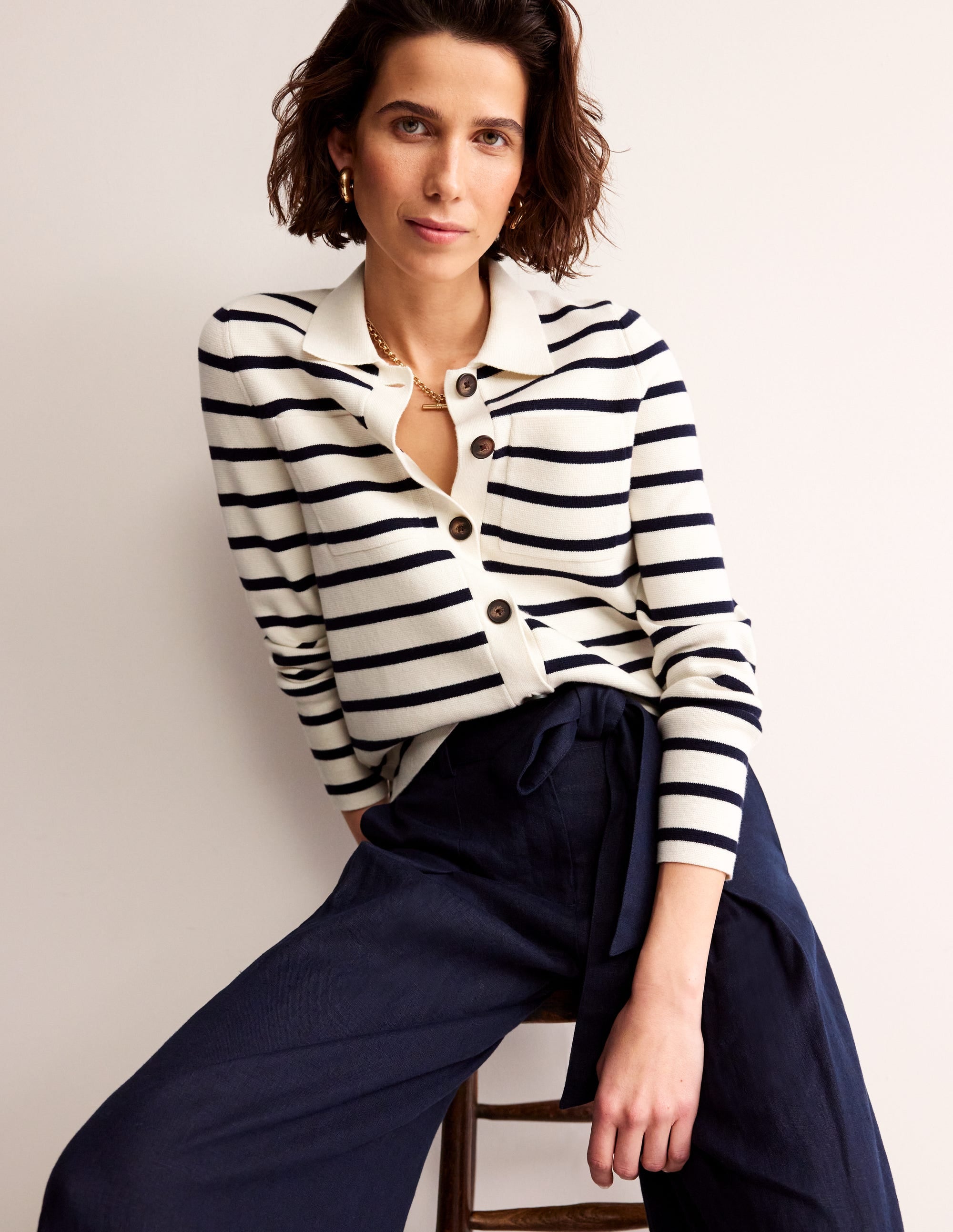 Astrid Knitted Shirt for Women - Warm Ivory & Navy Striped Pullover - Cozy Winter Sweater for Casual Outfits & Office Wear