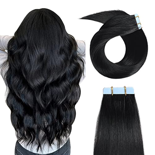 YILITE 12inch #1 Jet Black Seamless Silky Straight Tape in Human Hair Extensions - 20pcs 40g - Premium Remy Human Hair for Natural Look - Perfect for Daily Wear, Parties & Special Occasions