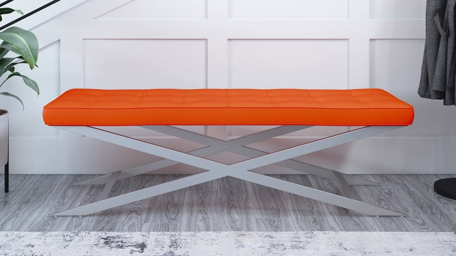 ZURI Modern Ruth Orange Leatherette Button Tufted Long Bench with Brushed Stainless Steel X-Shaped Base - Stylish Entryway Seating for Living Room, Bedroom or Hallway