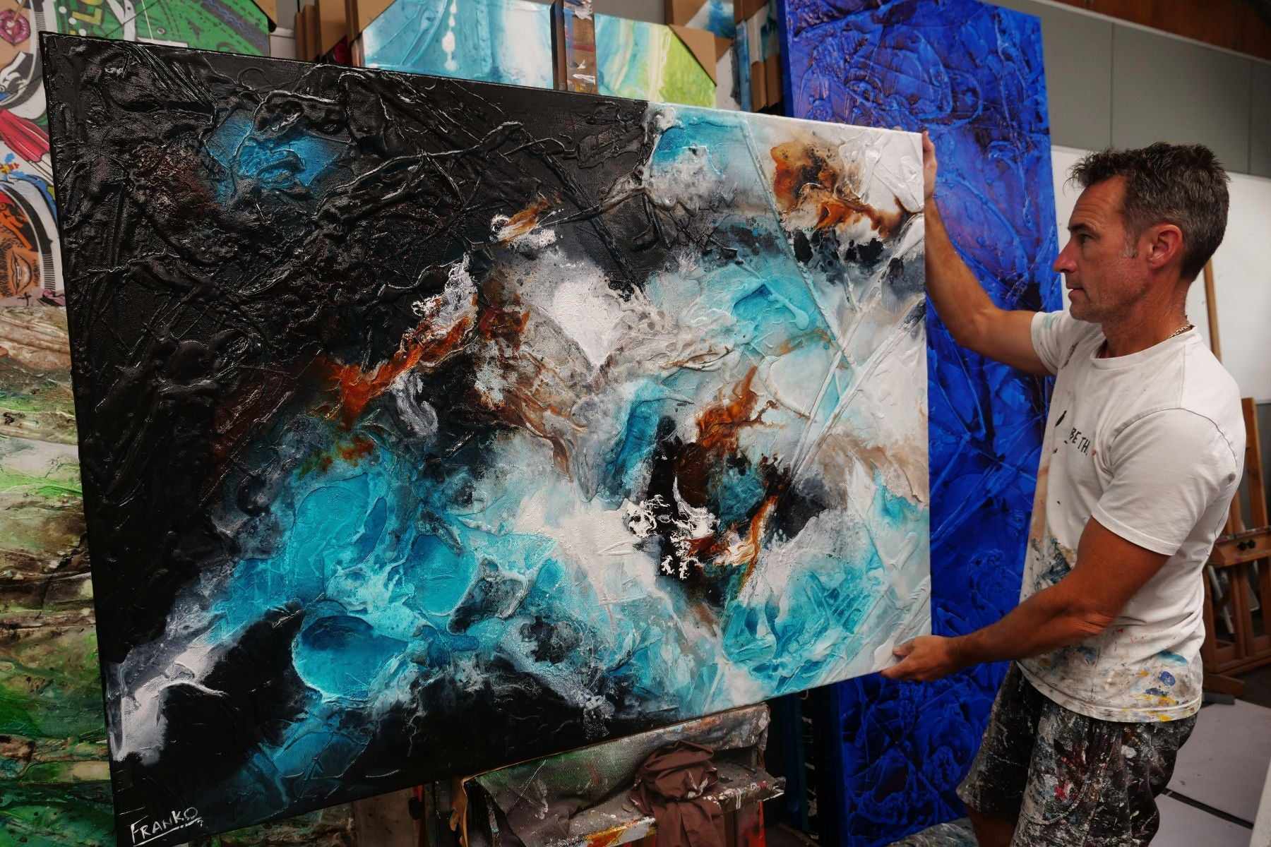 140cm x 100cm Aqua Black Textured Abstract Silk Painting - Modern Wall Art for Living Room, Bedroom & Office Decor