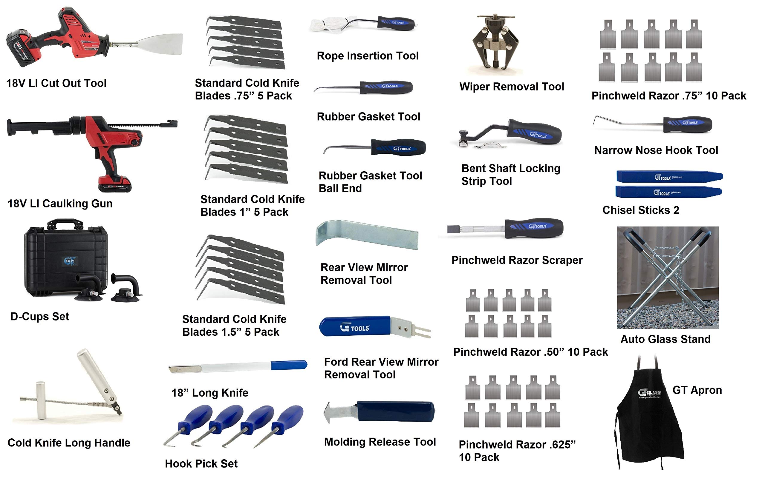 GT Tools Complete Windshield Removal Kit - Professional Auto Glass Repair Tool Set with Standard & Specialty Tools | Compatible with Milwaukee 18V Caulking Gun | Perfect for Auto Body Shops, DIY Car Repairs & Windshield Replacement