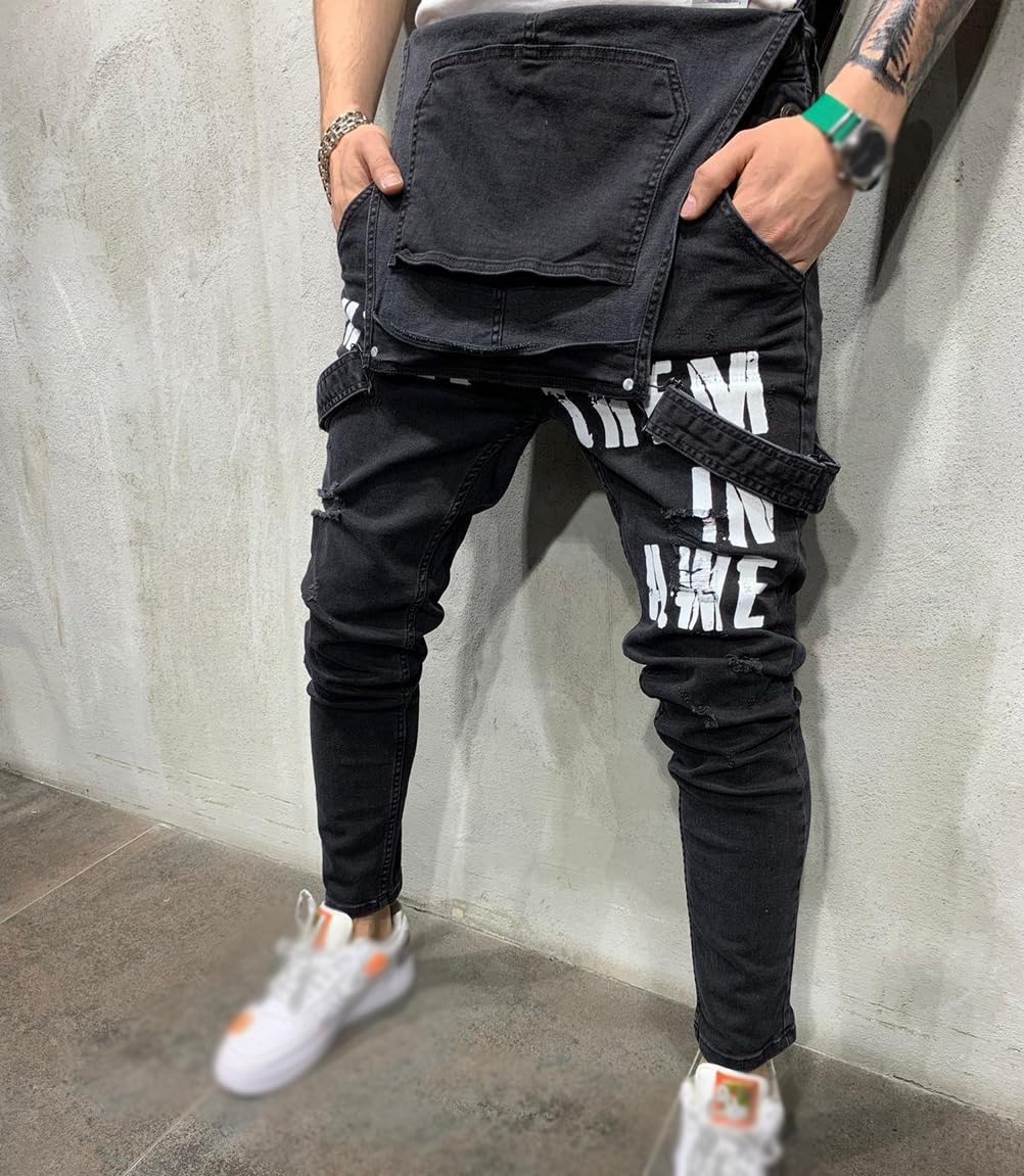 HHuiXinXue Men's Skinny Denim Jumpsuit - Trendy Letter Printed Overalls for Work & Casual Wear (Black, XXL) | Stylish Coveralls for Men, Fashionable Workwear, Comfortable Daily Outfit
