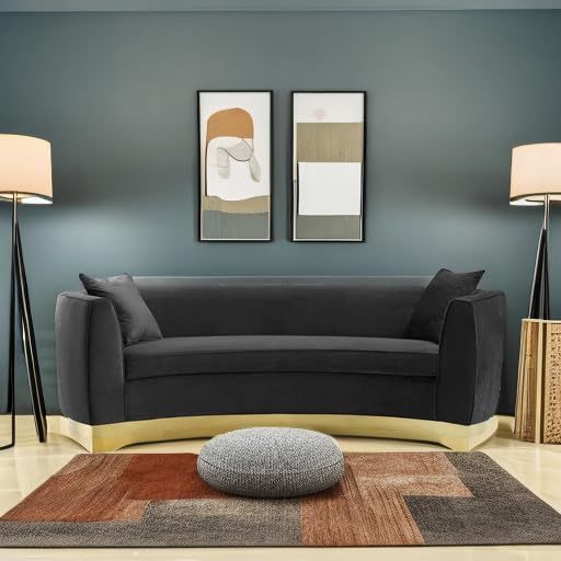 Modway Resolute Retro Modern Curved Back Upholstered Velvet Sofa with 2 Throw Pillows - Black Velvet Couch for Living Room, Lounge & Apartment Decor