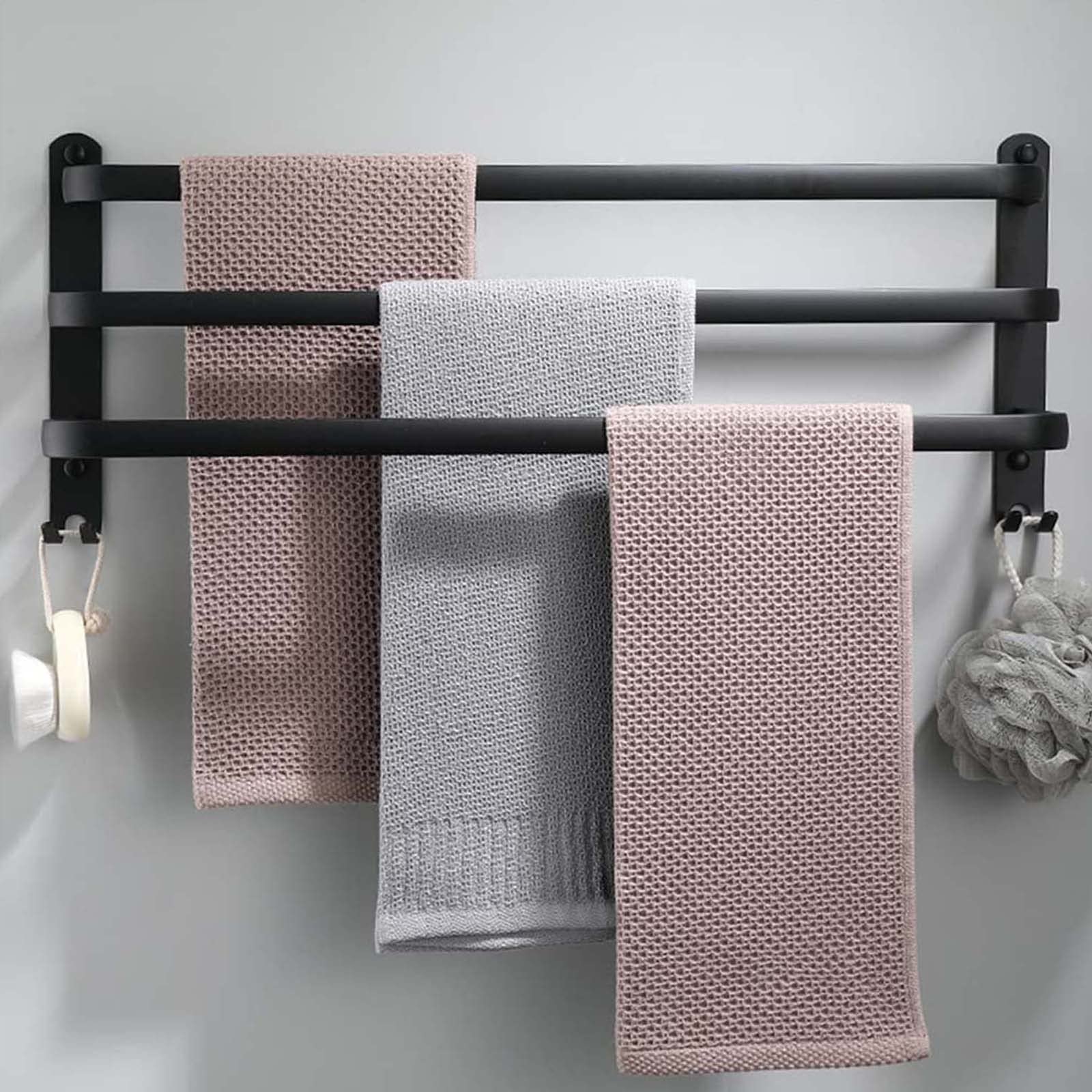 60cm No Drill Black Wall Mounted Towel Rail - Bathroom & Kitchen Towel Holder for Hand, Dish & Bath Towels - Space Saving Bathroom Accessory Set for Small Spaces