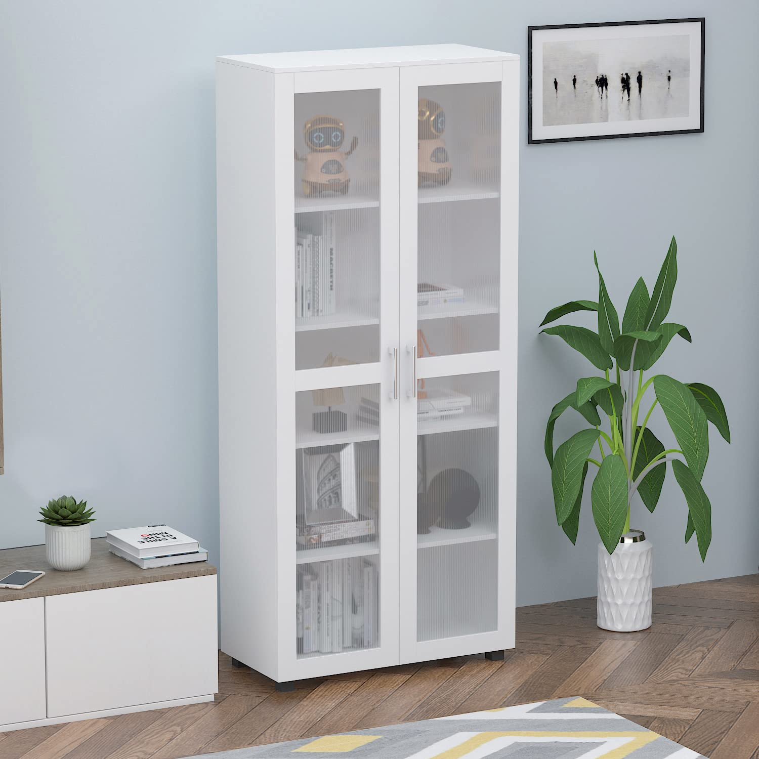 AIEGLE 5-Shelf Bookcase with Frosted Acrylic Glass Doors - White Wooden Tall Bookshelf Storage Cabinet for Living Room (31.5