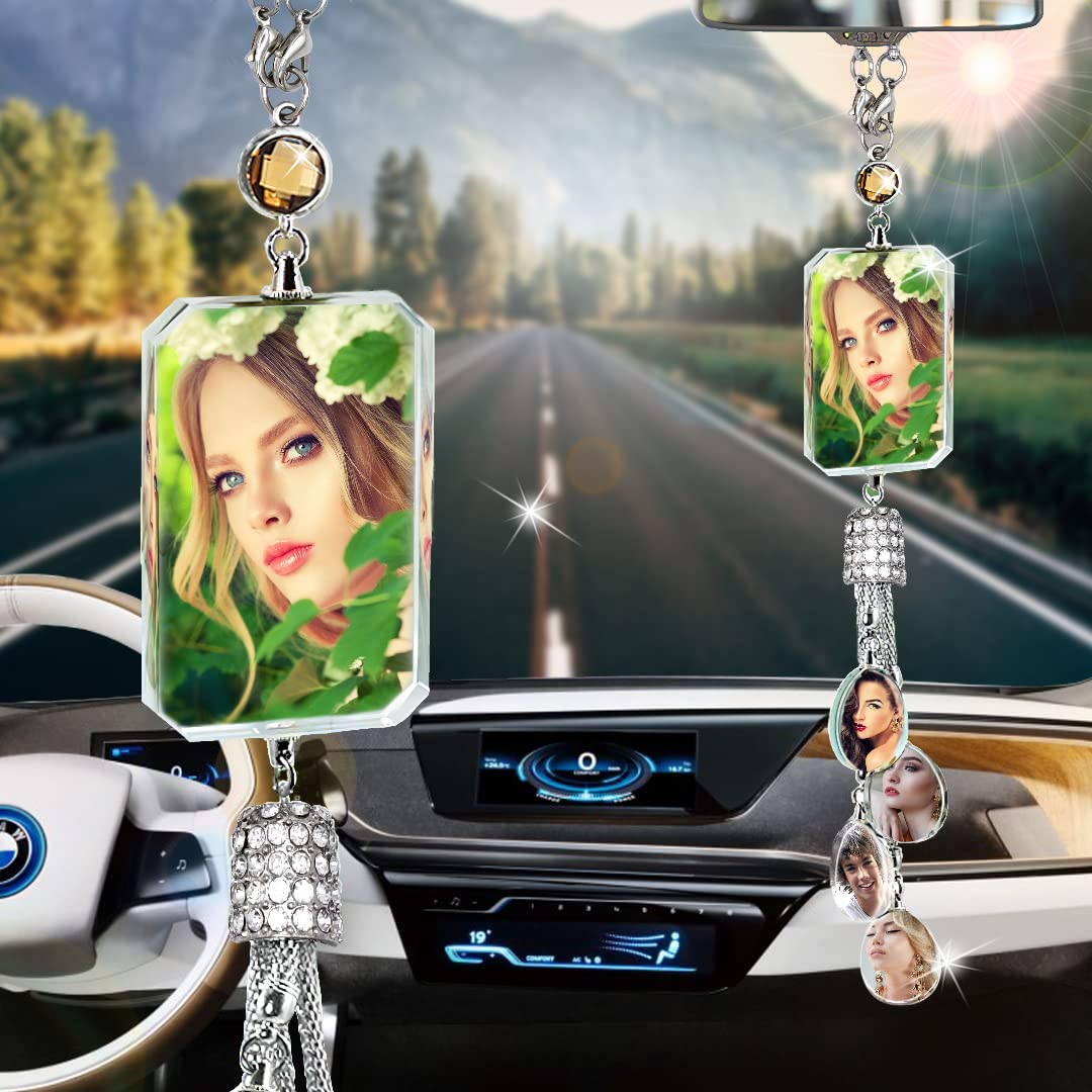 Personalized Photo Crystal Car Pendant - Custom Engraved Car Hanging Ornament - Rear View Mirror Charm for Cars - Perfect Gift for Christmas, Birthday & Anniversary - Car Interior Decoration Accessory