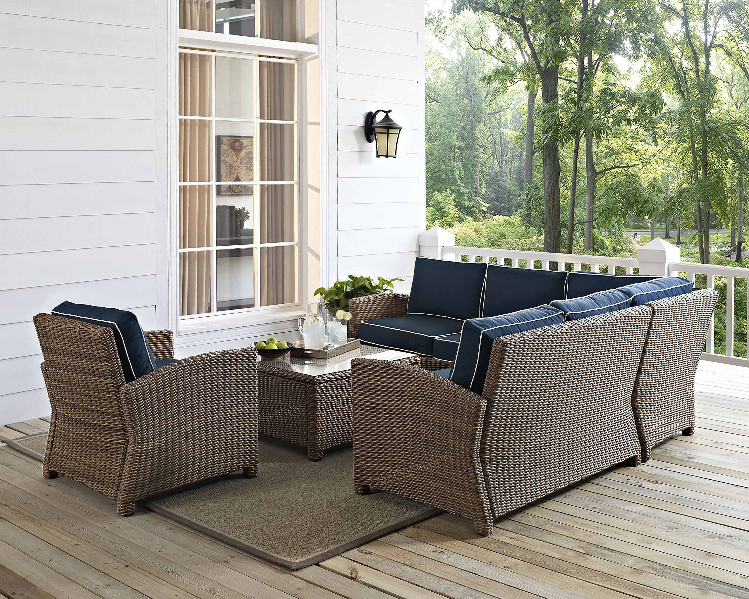 Crosley Furniture Bradenton 5-Piece Outdoor Sectional Sofa Set - All-Weather Wicker Patio Furniture with Navy Cushions for Deck, Garden & Backyard Relaxation
