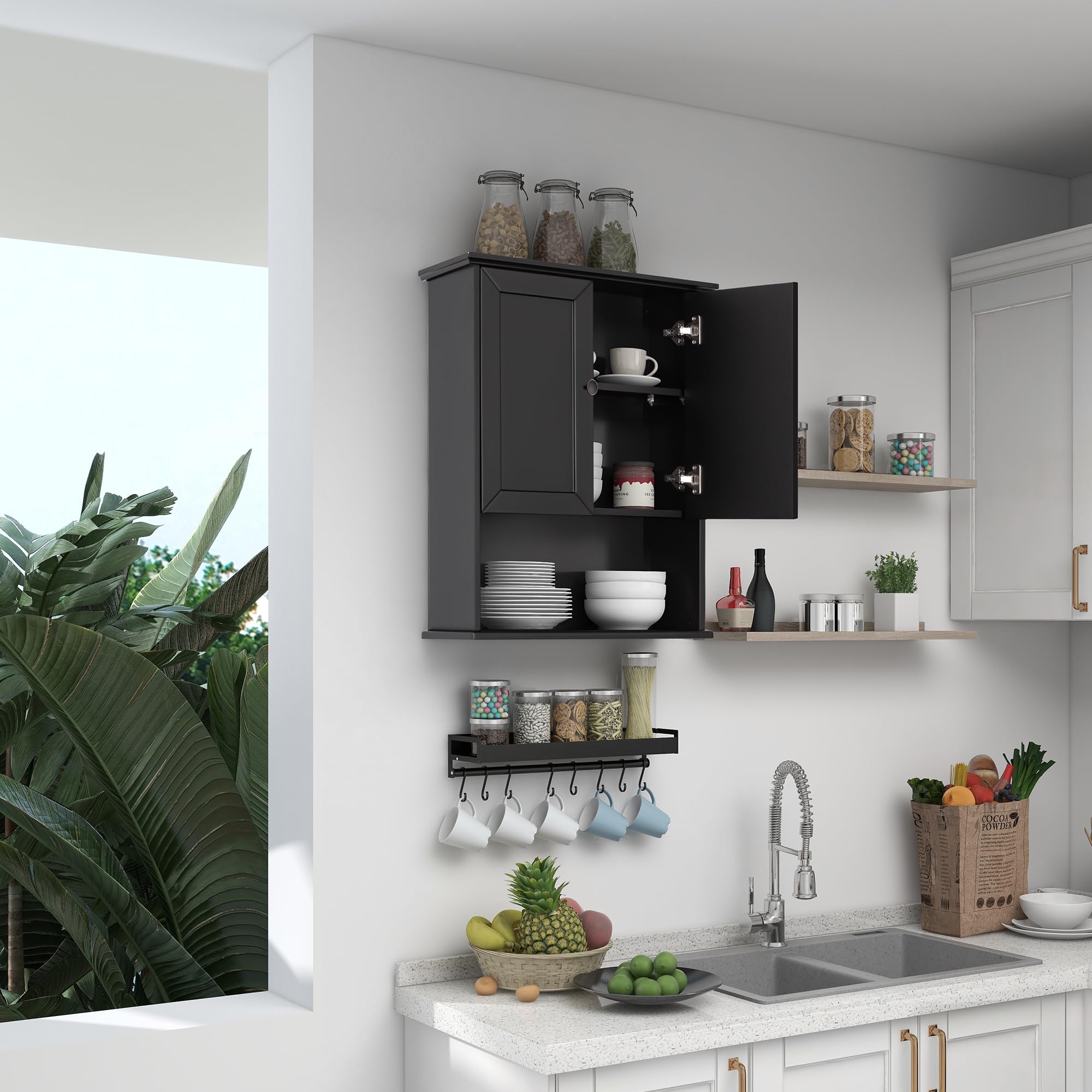 24x30 Inch Black Wooden Over Toilet Bathroom Wall Cabinet with Adjustable Shelf & Soft Hinge - 2-Door Wall Mounted Medicine Storage Cabinet with Metal Handle for Bathroom Organization & Small Space Saving
