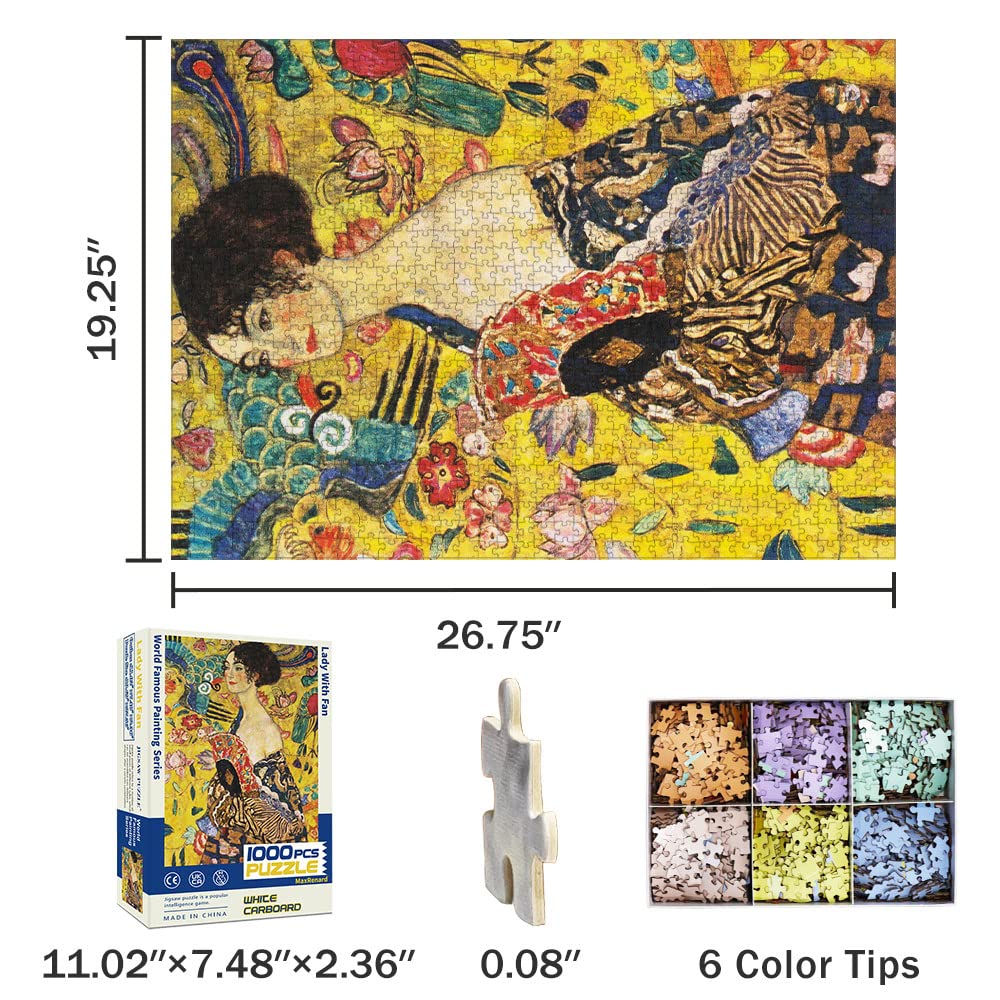 1000-Piece Jigsaw Puzzle - Klimt's Lady with Fan Fine Art Collection | Adult Puzzle Game with Glue Sheets | Perfect for Family Bonding, Stress Relief & Home Decor