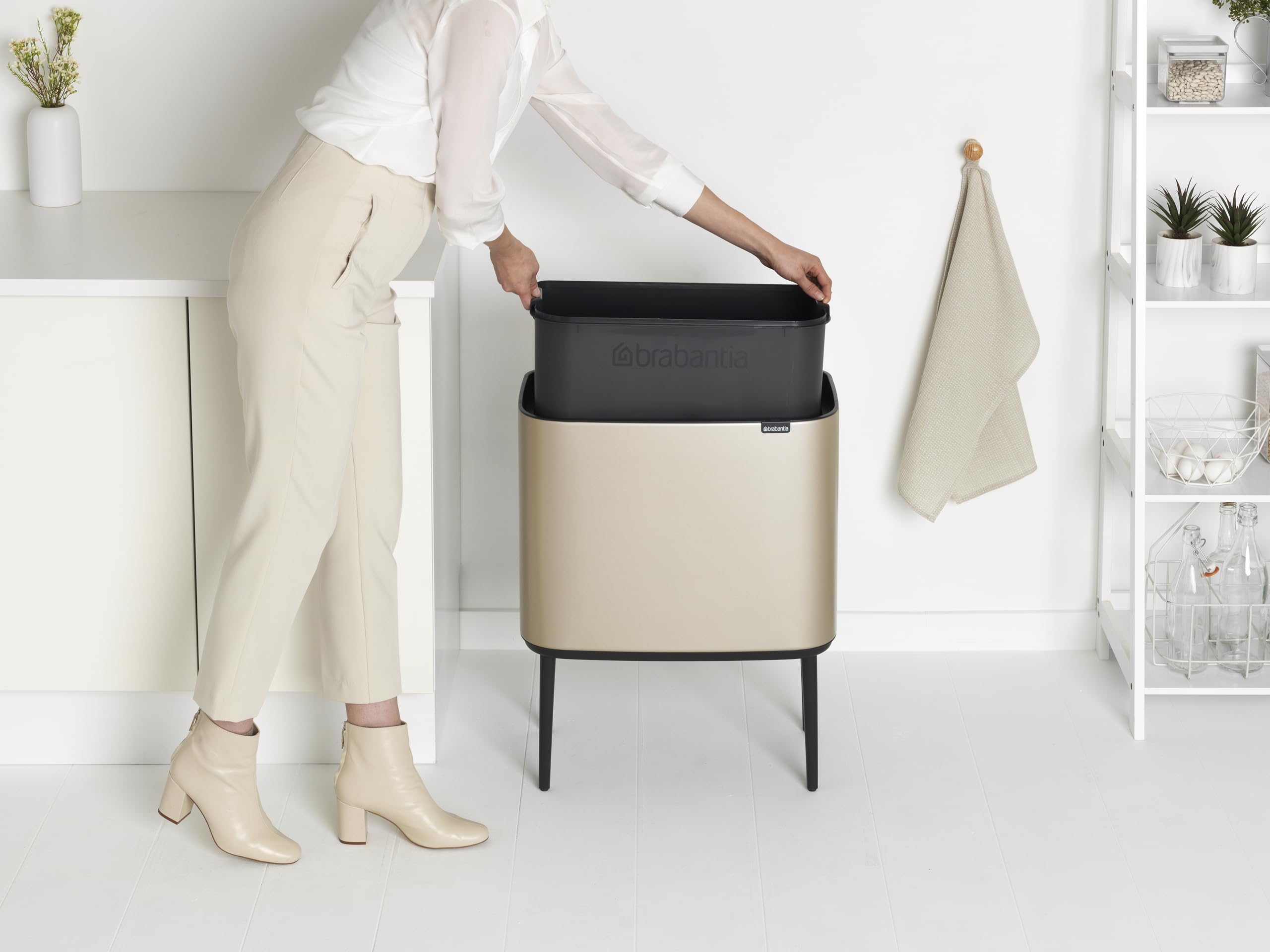 Brabantia Bo 9.5 Gallon Trash Can with Removable Inner Bucket - Metallic Gold Waste & Recycling Bin, Includes Free Bags - Perfect for Kitchen, Office & Bathroom Organization