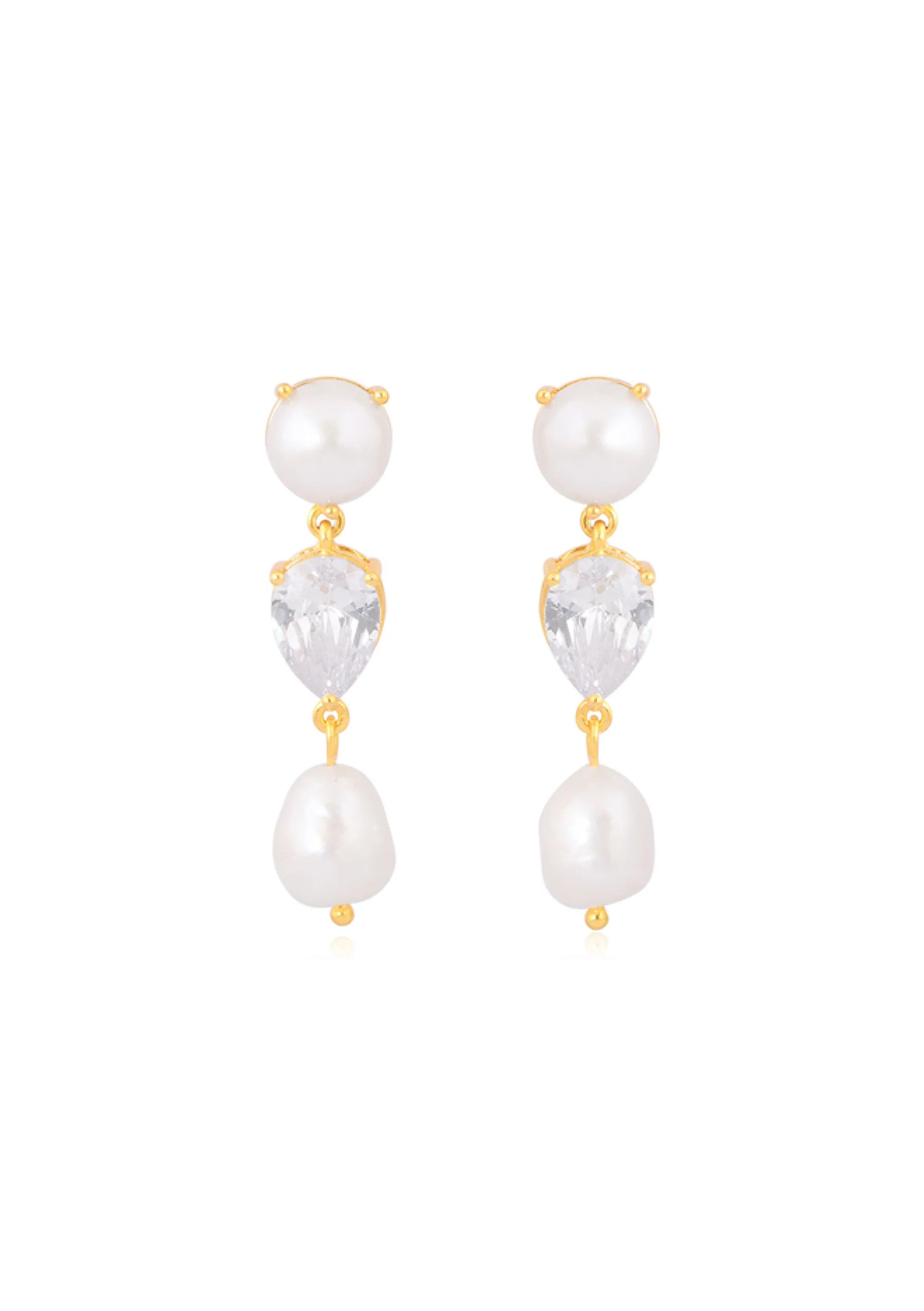 Lola Knight Celine Double Pearl & Crystal Drop Earrings - 14K Gold Plated Elegant Dangle Earrings for Women | Perfect for Weddings, Parties & Special Occasions