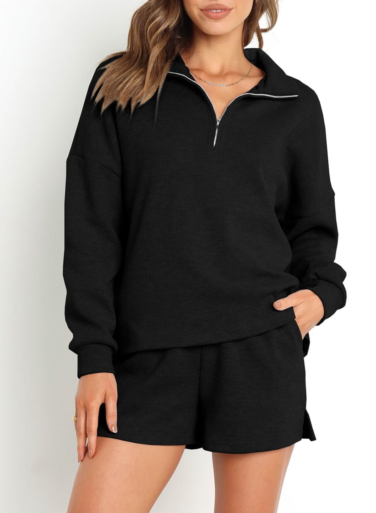 Aleumdr Women's 2 Piece Lounge Set - Soft Waffle Knit Long Sleeve Top & Shorts with Pockets | Cozy Matching Outfit for Home, Travel & Casual Wear | 2025 Fashion Trend