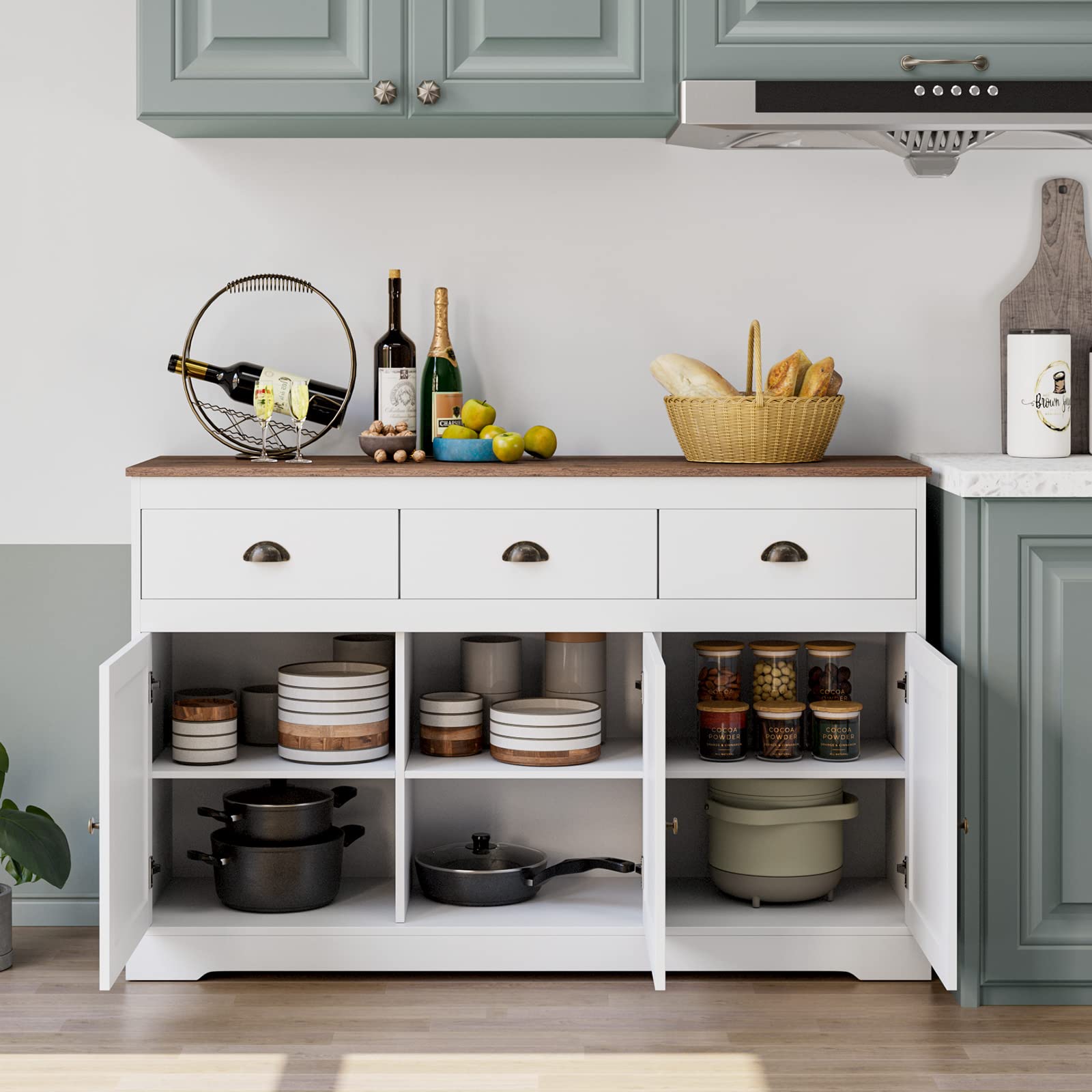 Farmhouse Style White Buffet Cabinet with 3 Drawers & 3 Doors - Adjustable Shelves Storage Sideboard for Dining Room, Living Room & Kitchen - Wine Bar Cabinet, Server Console & Cupboard Organizer - Perfect for Entertaining, Storage & Home Decor