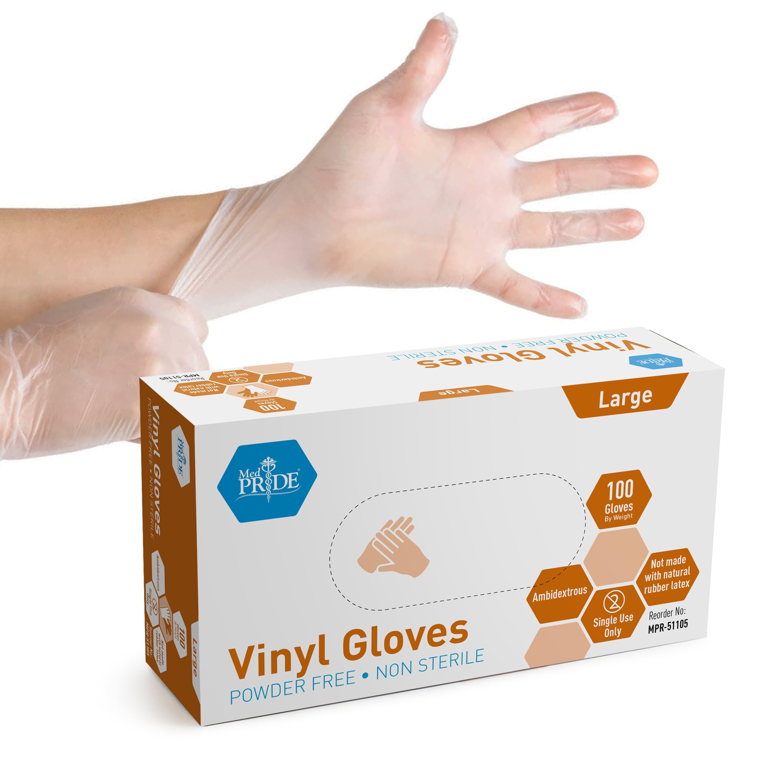 MedPride Powder-Free Vinyl Gloves - Large Size (Box of 100) | Latex-Free, Disposable, General Purpose Gloves for Medical, Cleaning & Food Handling