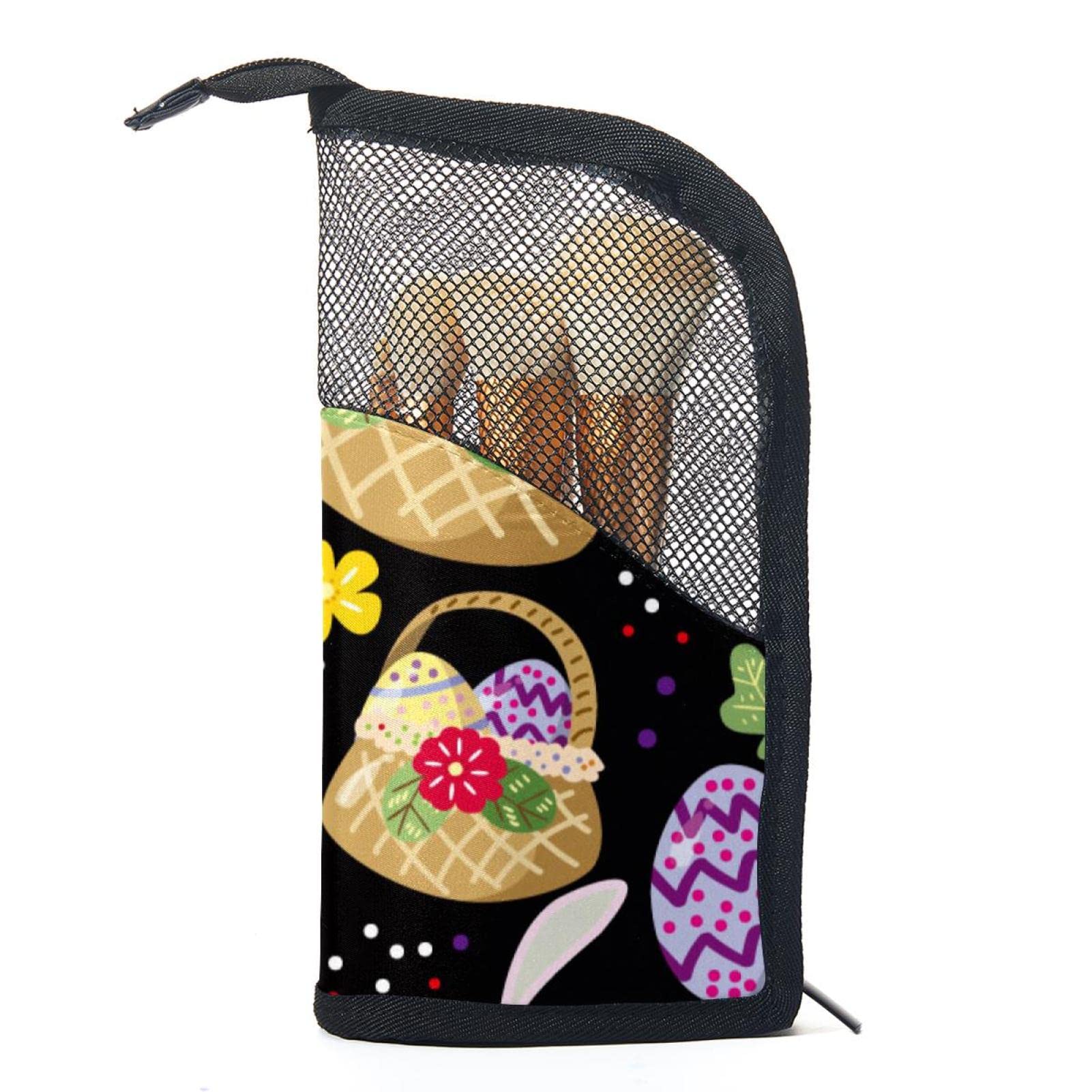 Portable Makeup Brush Organizer Bag with 12 Slots - Bunny Easter Eggs & Colorful Flowers Design - Travel Makeup Brush Holder Case for Professional Artists & Beginners - Perfect for Home, Travel, and On-the-Go Touch Ups