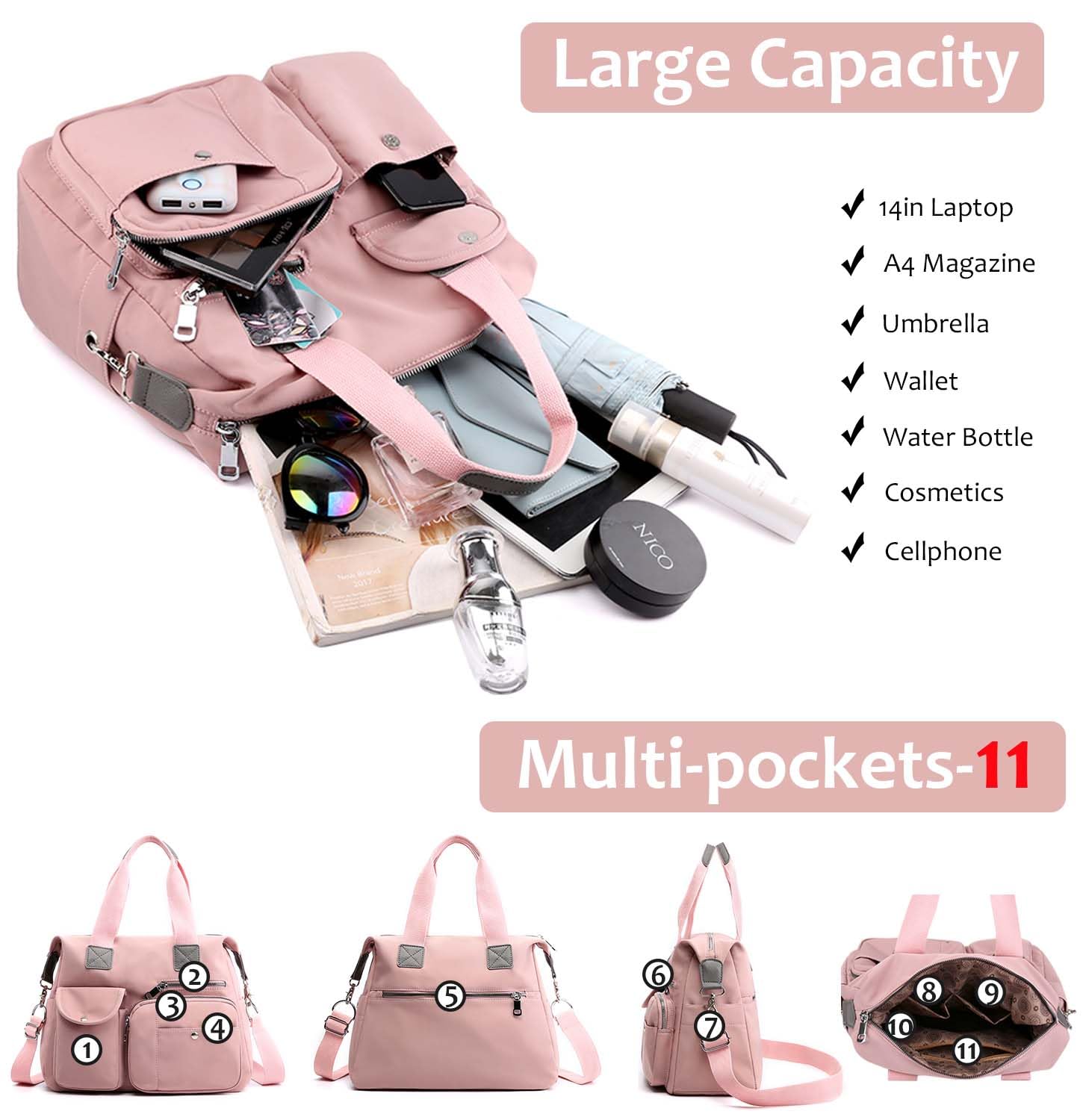 Women's Waterproof Nylon Utility Tote Bag - Multi-Pocket Shoulder Purse for Work, Nurse & Teacher | Durable Work Tote for Professionals, Commuting & Daily Essentials