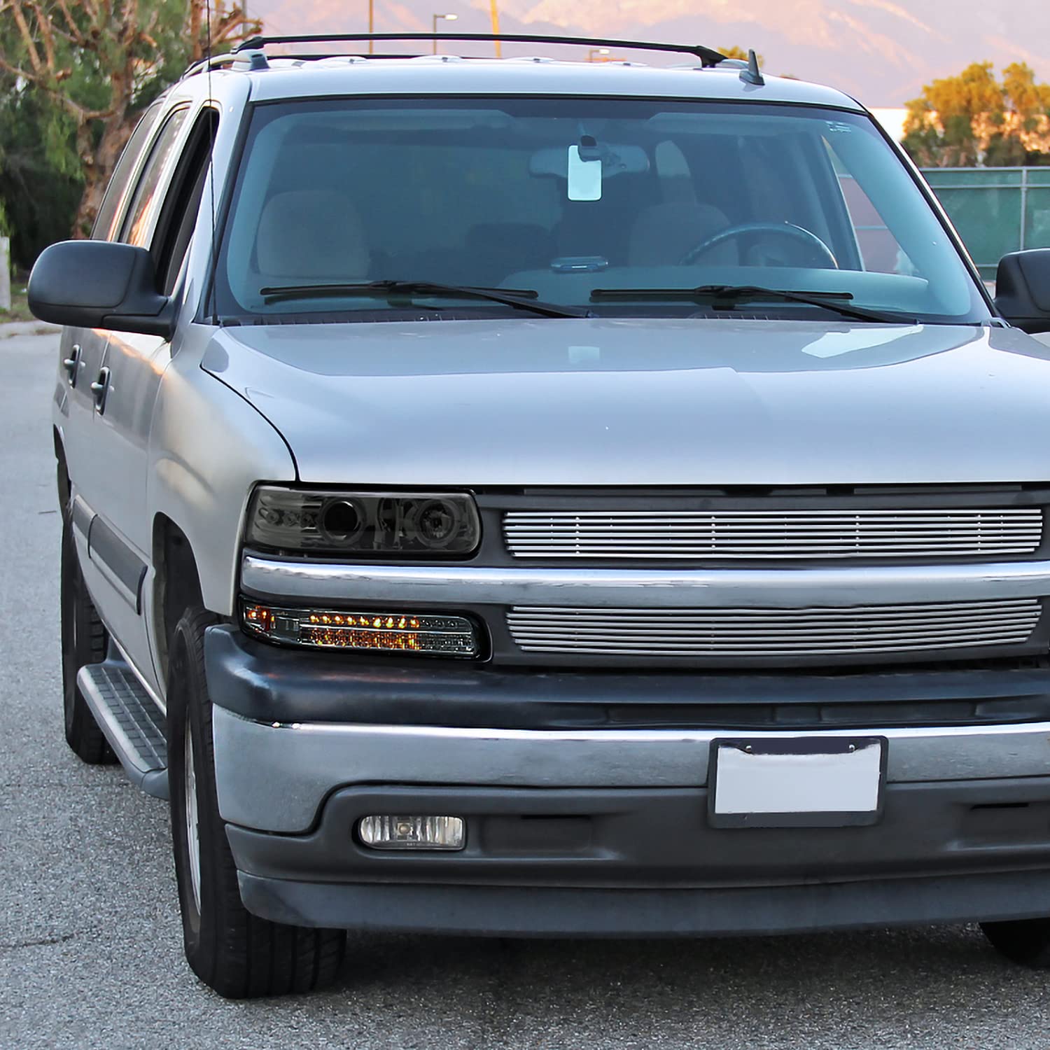 Spec-D Tuning Smoke Halo LED Projector Headlights with Smoke LED Bumper Lights - Compatible with 1992-2002 Chevy Silverado, Tahoe, Suburban - Left & Right Pair Headlamp Assembly - Upgrade Your Truck's Style & Night Visibility