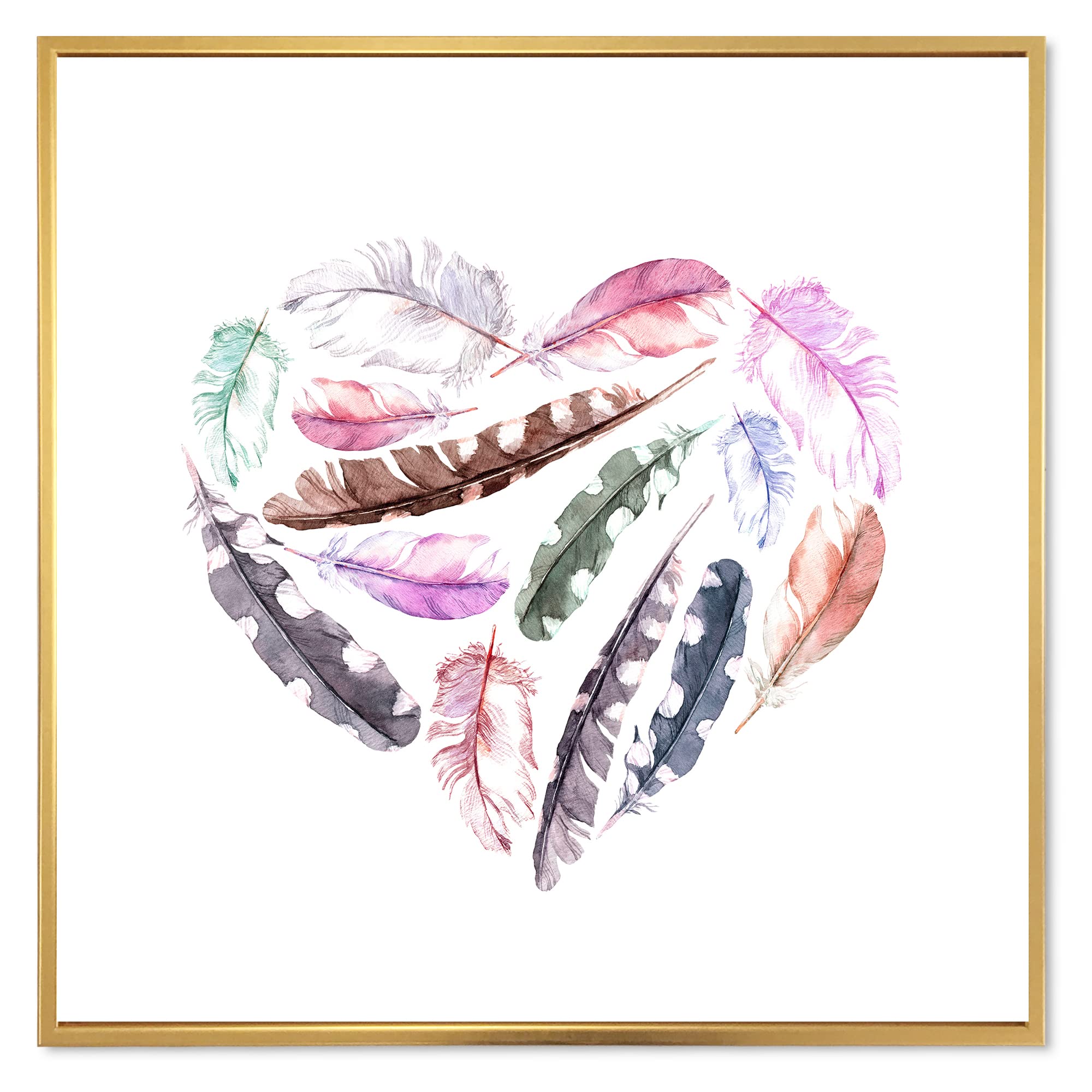 DesignQ Retro Heart with Pink Bird Feathers - Bohemian & Eclectic Framed Canvas Wall Art Print - Perfect for Living Room, Bedroom & Boho Home Decor