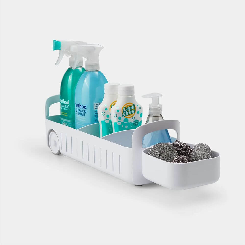 Youcopia RollOut Small Under Sink Organizer - Expandable Storage Caddy for Kitchen & Bathroom - White (Perfect for Sponges, Soaps & Cleaning Supplies)