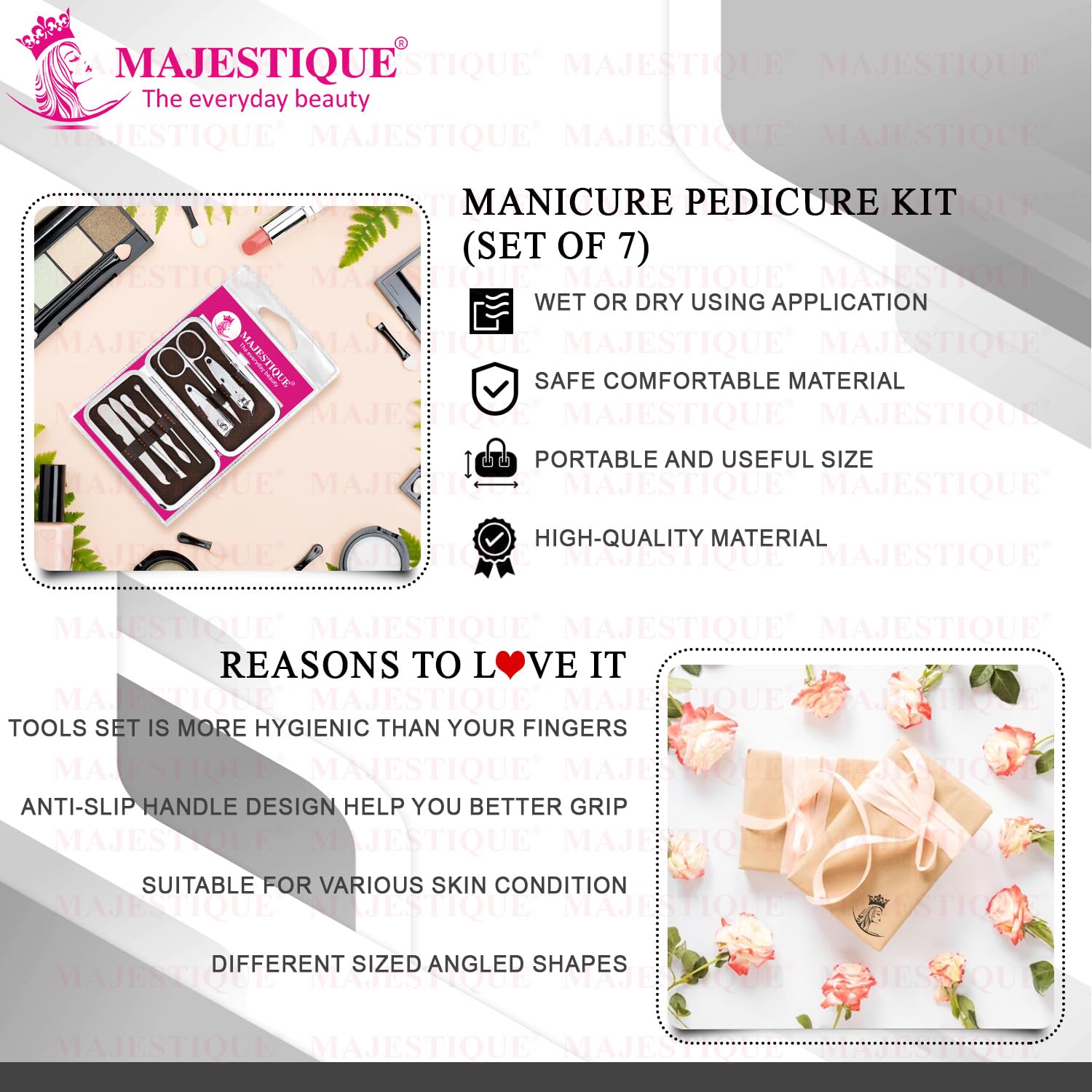 Majestique 7-in-1 Professional Manicure Kit - Stainless Steel Nail Clippers, Scissors, Cuticle Pusher, Nail File & Blackhead Remover - Portable Travel Grooming Set for Women & Men - Ideal for Home, Travel, Salon, Spa & Daily Nail Care - Perfect Gift for Beauty Enthusiasts