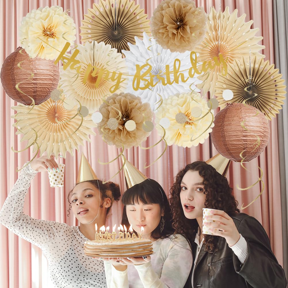 Boho Neutral Birthday Decorations - Brown Tissue Paper Fans, Cream Tan Lanterns with Happy Birthday Banner & Circle Garland - Rustic Party Decor for Women & Girls - Perfect for Birthday Parties, Baby Showers & Boho-Themed Events
