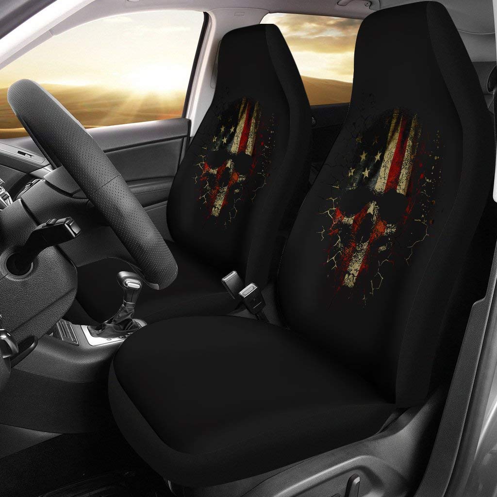 Skull American Flag Car Seat Covers Set of 2 - Universal Fit for Cars, Trucks, SUVs & Vans | Durable Seat Protectors for Style & Comfort | Perfect for Road Trips, Daily Commutes & Car Enthusiasts