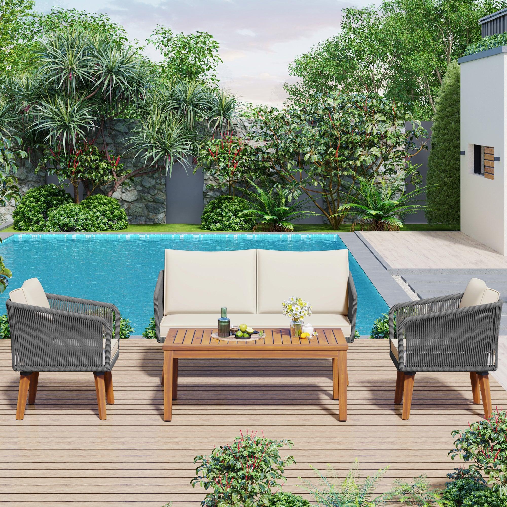 4-Piece Outdoor Patio Furniture Set with Loveseat, Rope Wicker Conversation Set & Cushions - Perfect for Backyard, Garden, Poolside & Outdoor Entertaining