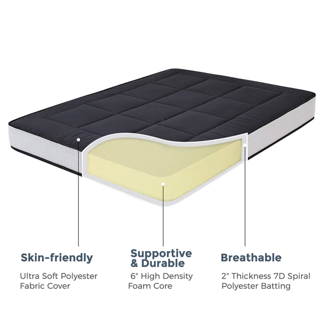 MAXYOYO Padded Japanese Floor Mattress - Black Foldable Roll Up Futon for Bedroom, Guest Room & Travel | Comfortable Floor Sleeping Mat for Adults & Kids