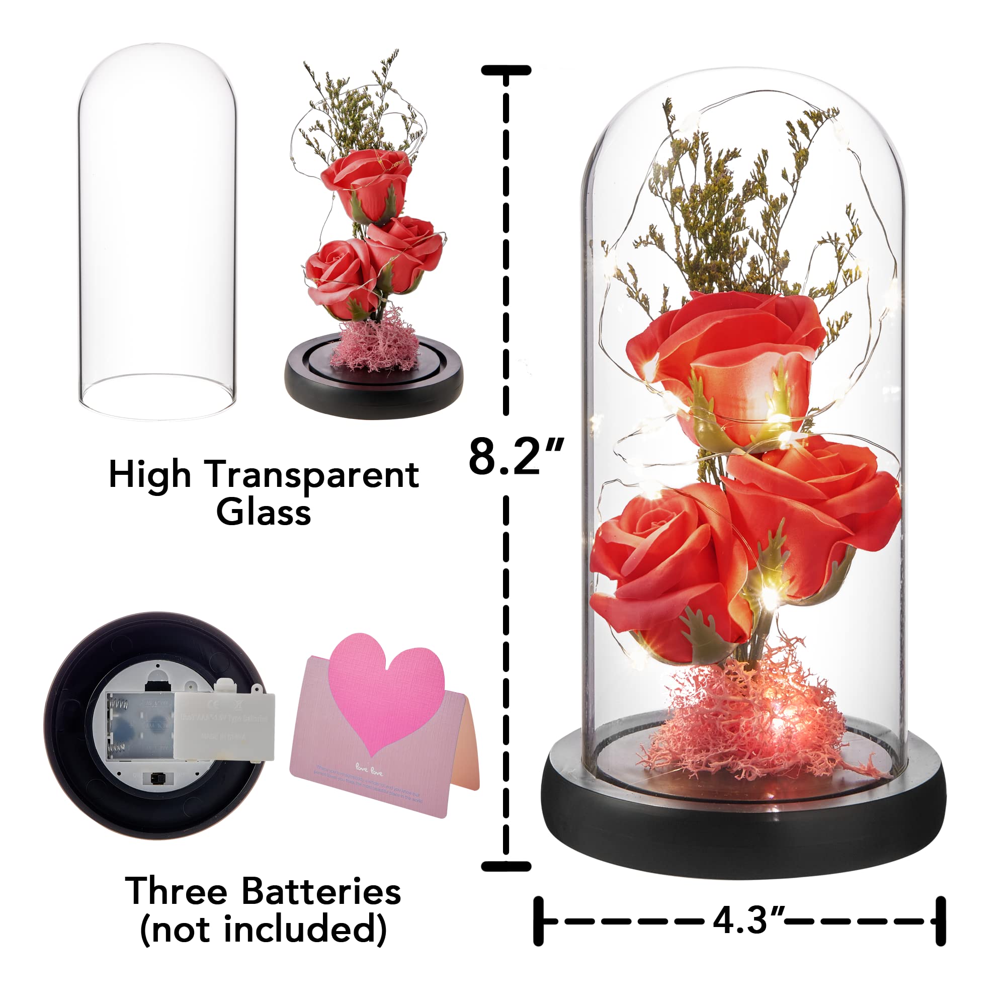 Eternal Preserved Rose in Glass Dome - LED Light Up Forever Rose Gift for Women, Mom, Grandma - Perfect for Mother's Day, Valentine's, Anniversary, Birthday & Christmas Decor - Romantic Home & Office Decoration - Red