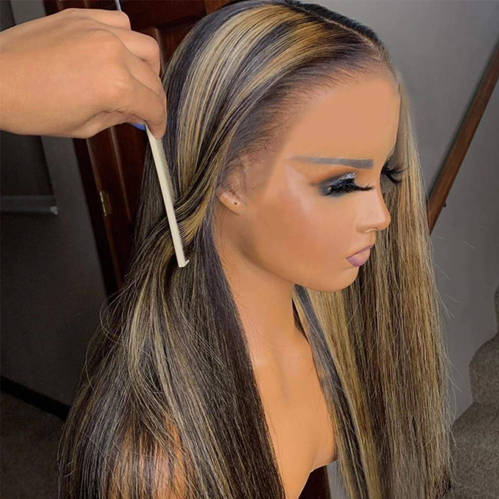 Ombre Lace Front Human Hair Wig for Women - Honey Blonde Straight 13x4 Lace Wig with Baby Hair | Brazilian Virgin Human Hair | Pre-Plucked 150% Density | 18 Inch | Perfect for Daily Wear, Parties & Special Occasions