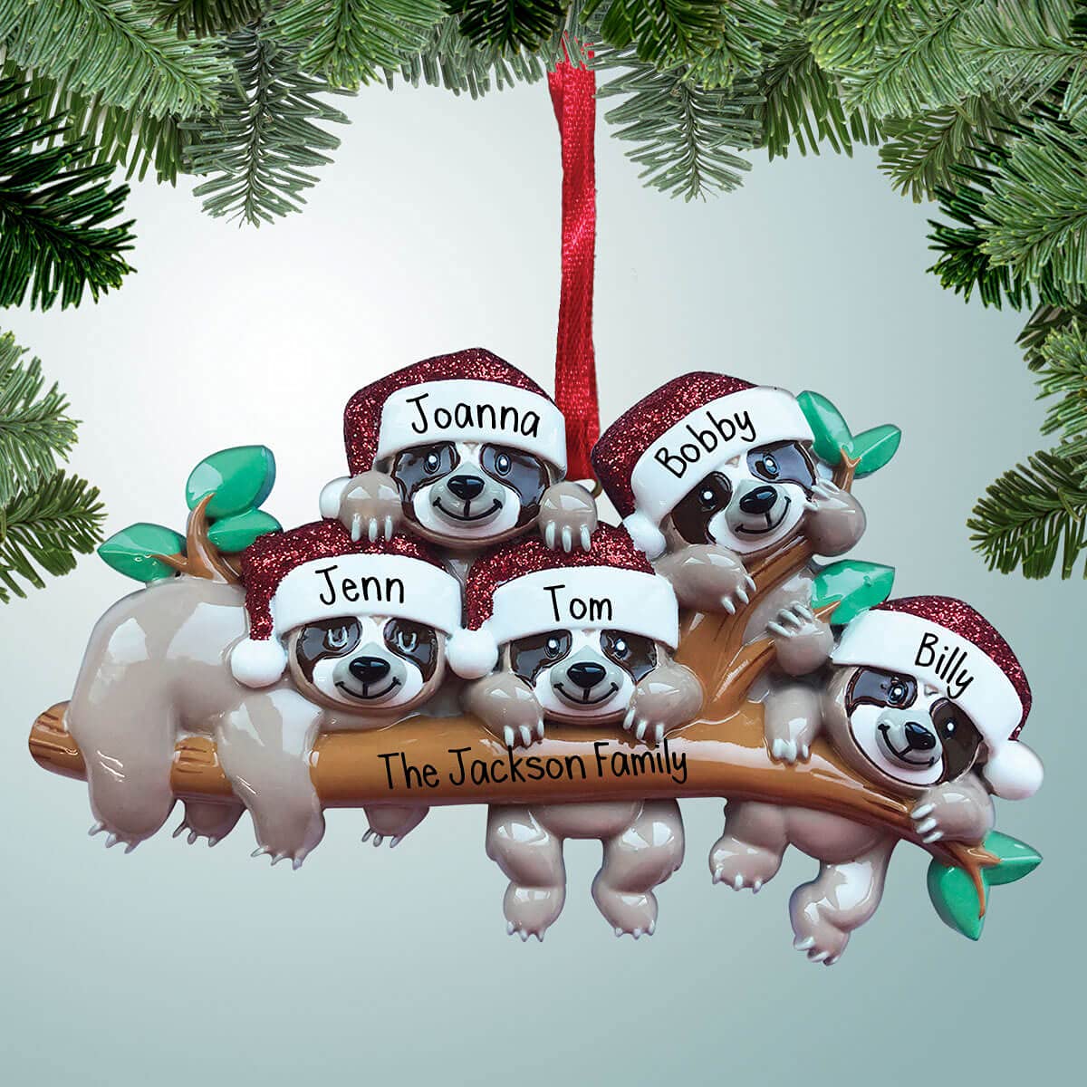 Personalized Sloth Family Christmas Ornament - Set of 5 - Custom Handwritten Holiday Decoration for Slow-Paced Families - Perfect for Tree Decorating & Cozy Home Christmas Celebrations