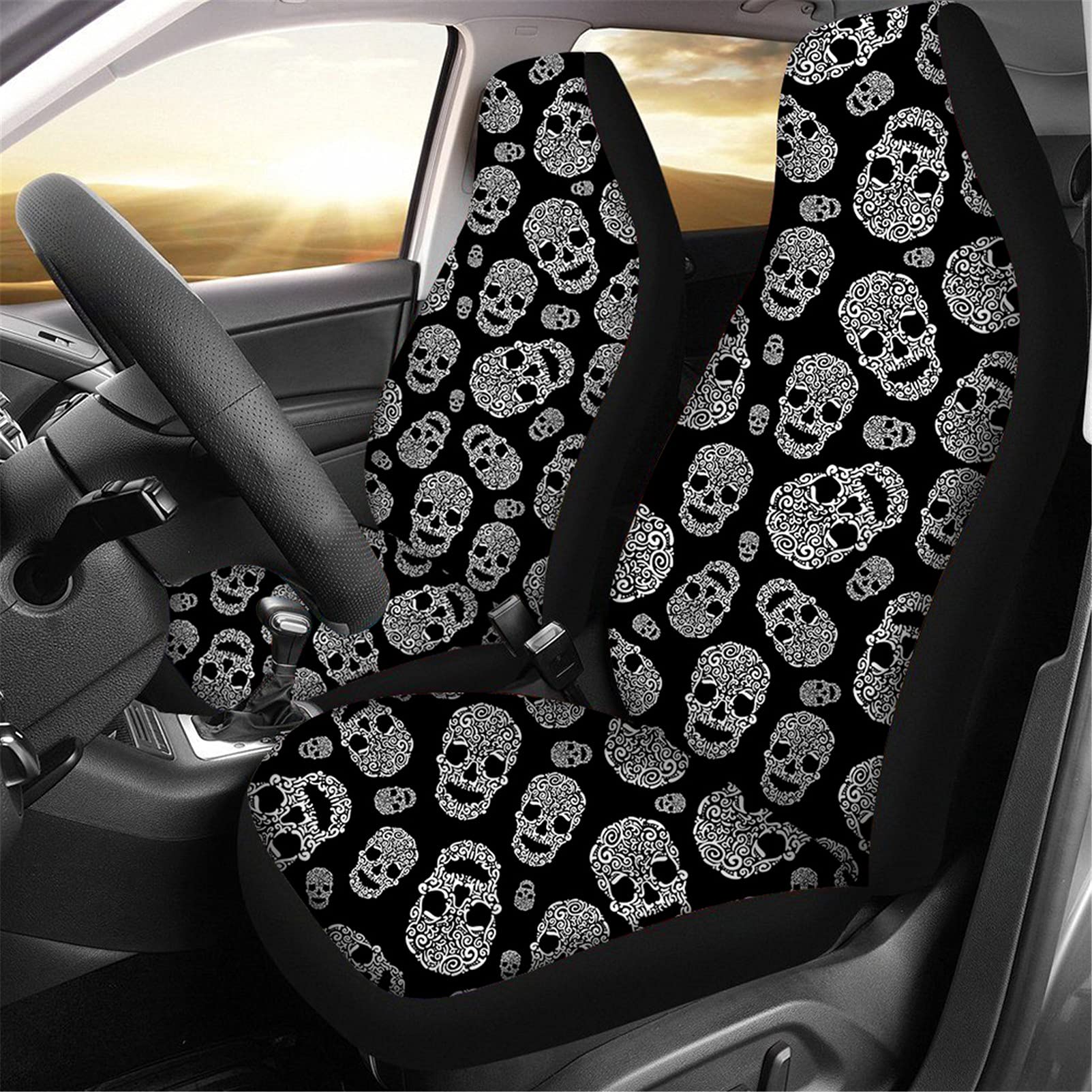 Dremagia Black Skull Print Car Seat Covers - 2 Piece Front Bucket Style Universal Fit for Most Cars, SUVs, Sedans & Vans | Durable Seat Protectors for Enhanced Comfort & Style | Perfect for Daily Commute, Road Trips & Custom Car Interiors