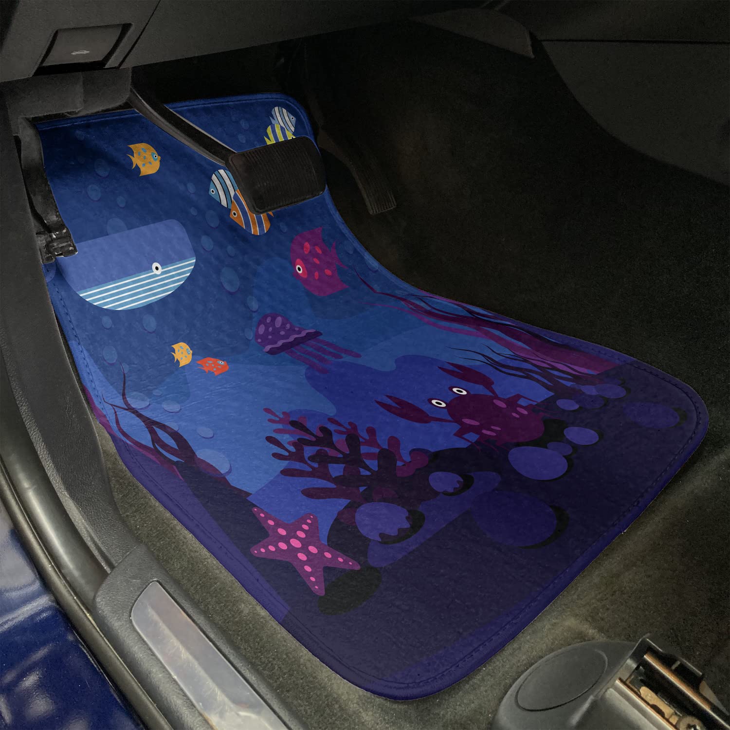 Ambesonne 4-Piece Cartoon Car Floor Mat Set - Underwater World Theme with Fish, Whale, Crabs, Jellyfish & Coral Design | Durable PVC Backing Non-Slip Car Accessories for Kids & Adults | Perfect for Family Road Trips, Beach Outings & Marine Lovers