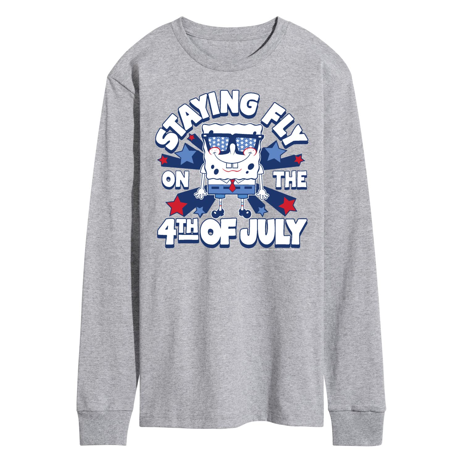 HYBRID APPAREL Spongebob Squarepants 4th of July Patriotic Men's Long Sleeve T-Shirt - Funny Graphic Tee for Independence Day Celebrations & Casual Wear