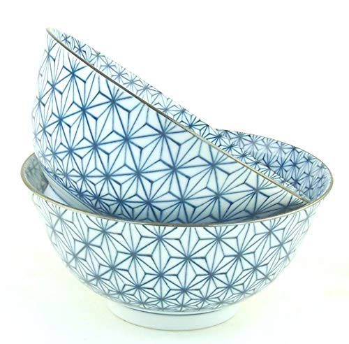 2-Piece Fine Japanese Sometsuke Porcelain Bowls - Blue Star Flower Chintz Design for Rice, Cereal, Pasta, Soup & Noodles - Elegant Dining & Gift Set for Asian Cuisine Lovers