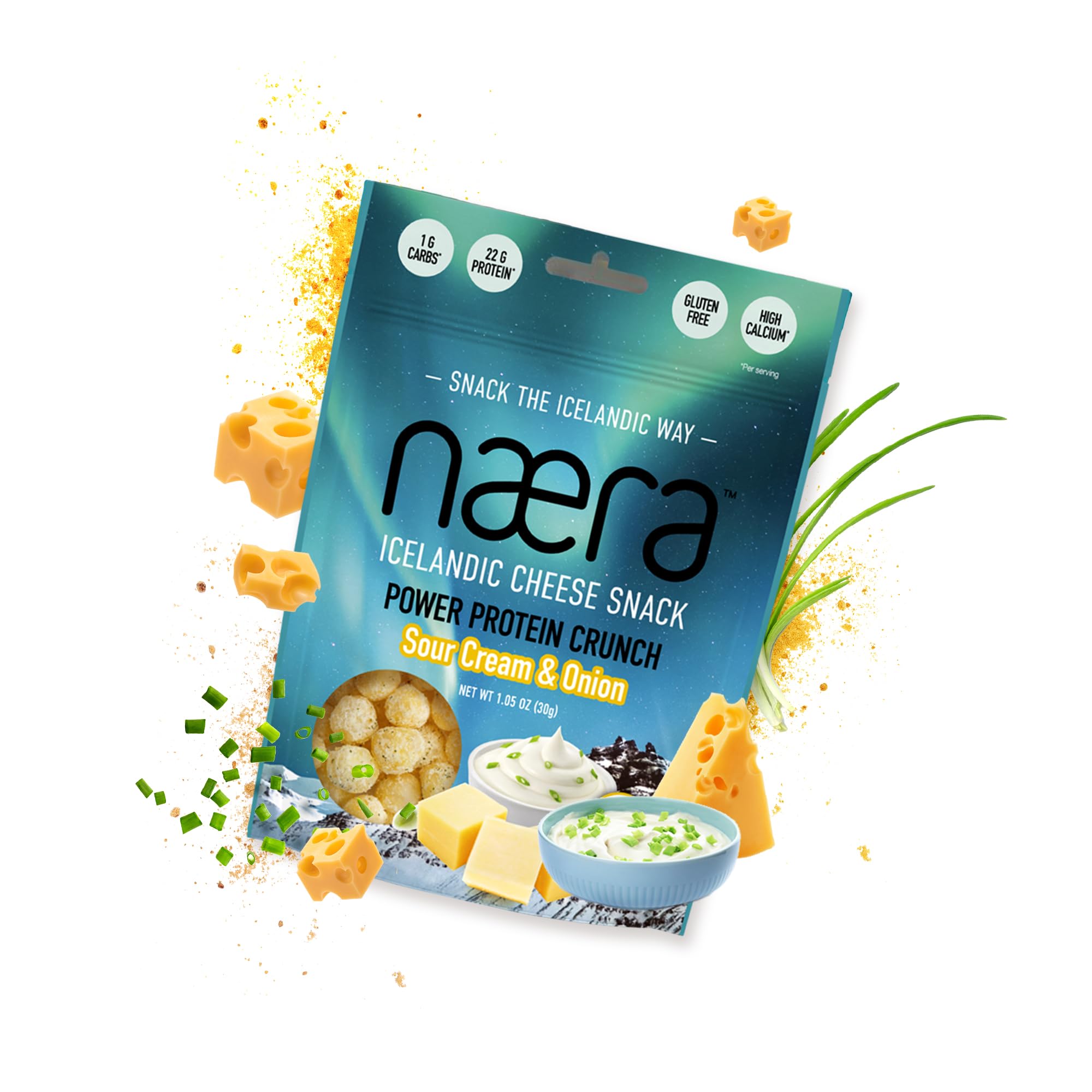 Næra Icelandic - Sour Cream & Onion 100% Cheese Crunch Protein Snacks | Keto Friendly, Gluten-Free, High Protein | All-Natural Snack for Adults & Kids (1.05 oz) | Perfect for On-the-Go, School Lunches & Low-Carb Diets