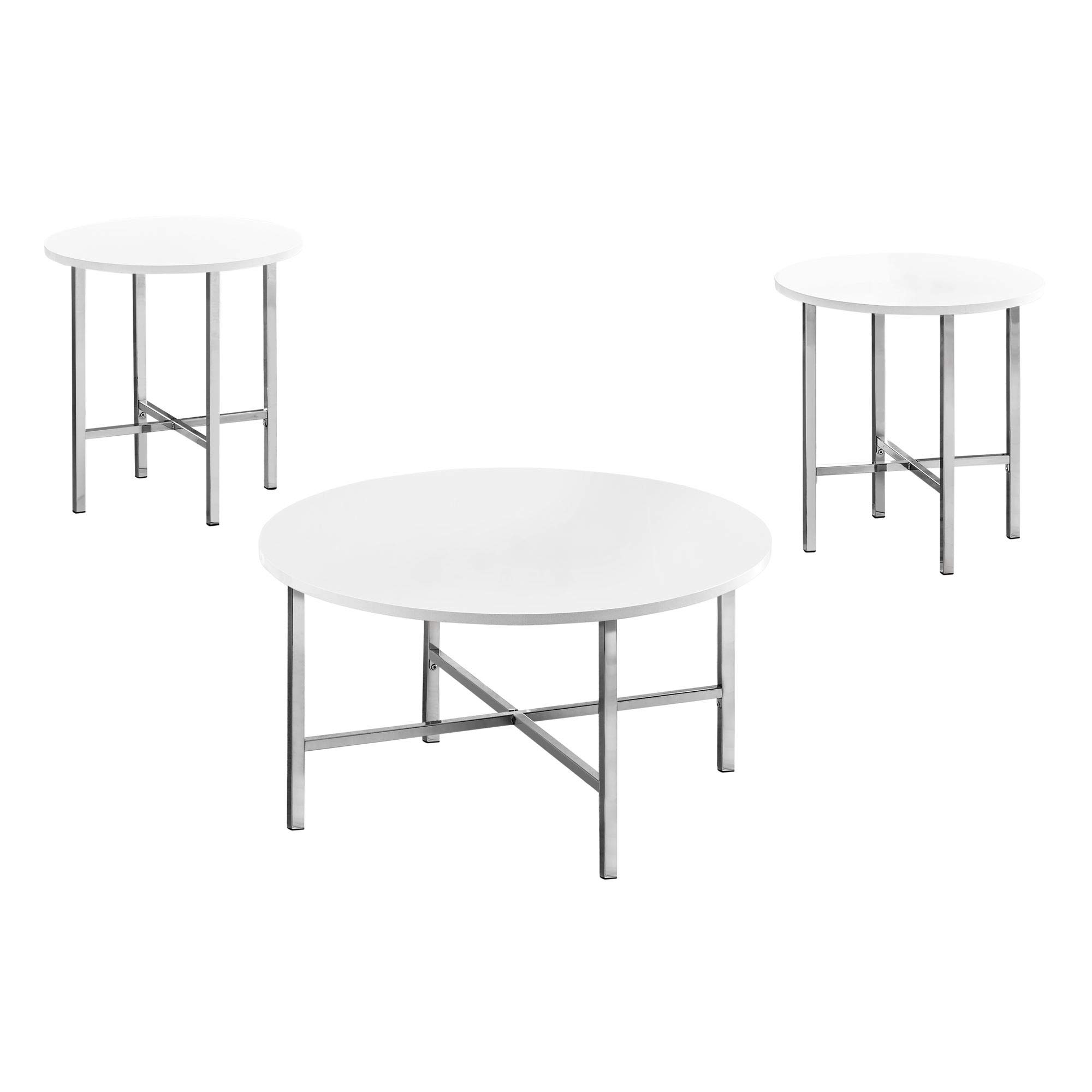 Modern 3-Piece Coffee Table Set - Glossy White Finish with Chrome Metal Base - 35.5