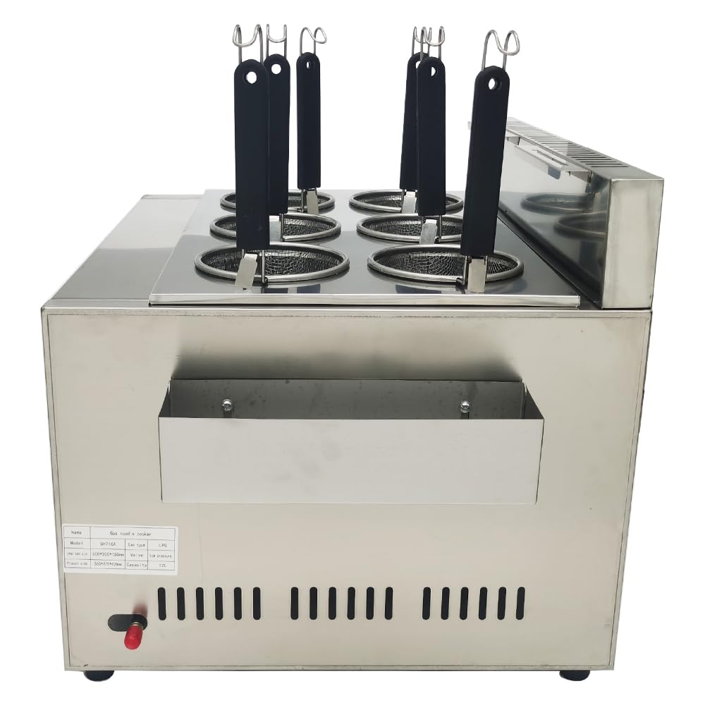 Commercial 6-Hole Stainless Steel Pasta Cooker Machine - LP Gas Noodle Boiler with Baskets & Filter - Perfect for Restaurants, Catering & Food Trucks - Dumpling & Noodle Making Equipment