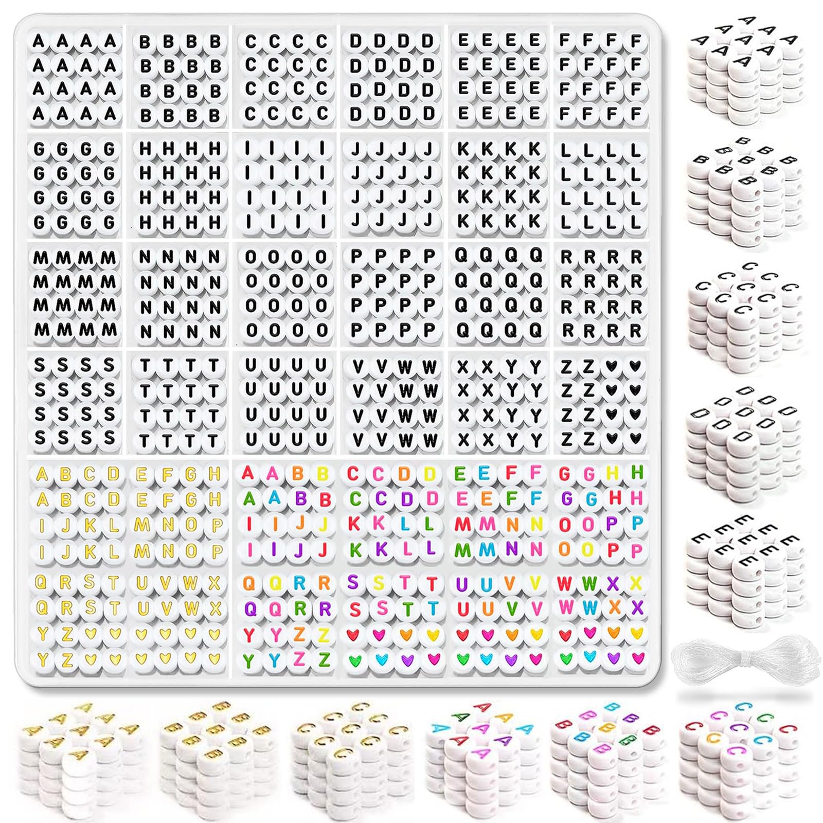 2080PCS 3-Color A-Z Alphabet Beads for Jewelry Making - White, Gold & Colorful Round Letter Beads (4x7mm) - Perfect for DIY Friendship Bracelets, Necklaces & Teen Girl Gifts - Great for Crafts, Parties & Personalized Jewelry Projects
