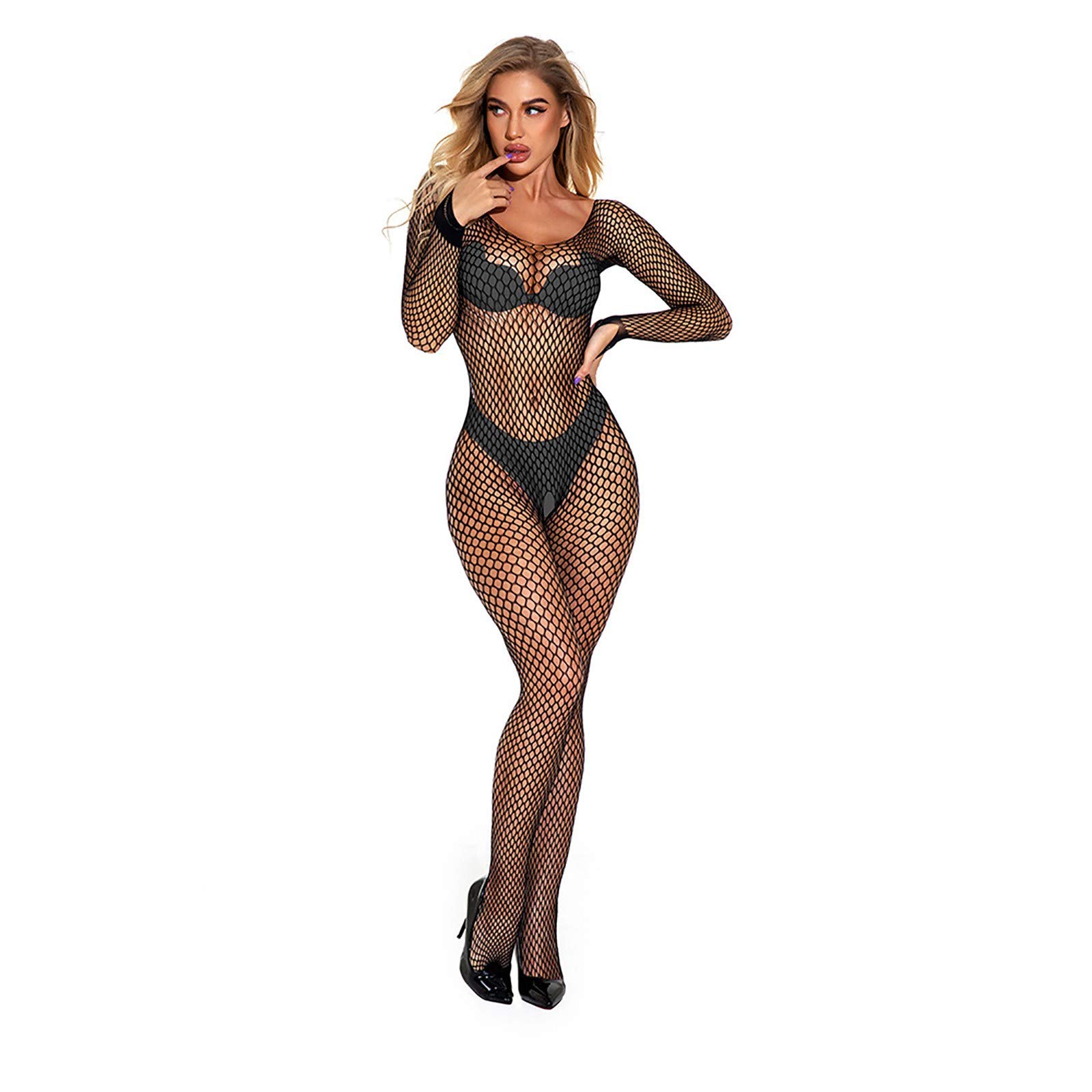 Sheer Lingerie for Women - High Waist Fishnet Stockings, Thigh High Pantyhose & Soft Lace Bodysuit - Sexy Underwear for Date Night, Boudoir Photography & Special Occasions