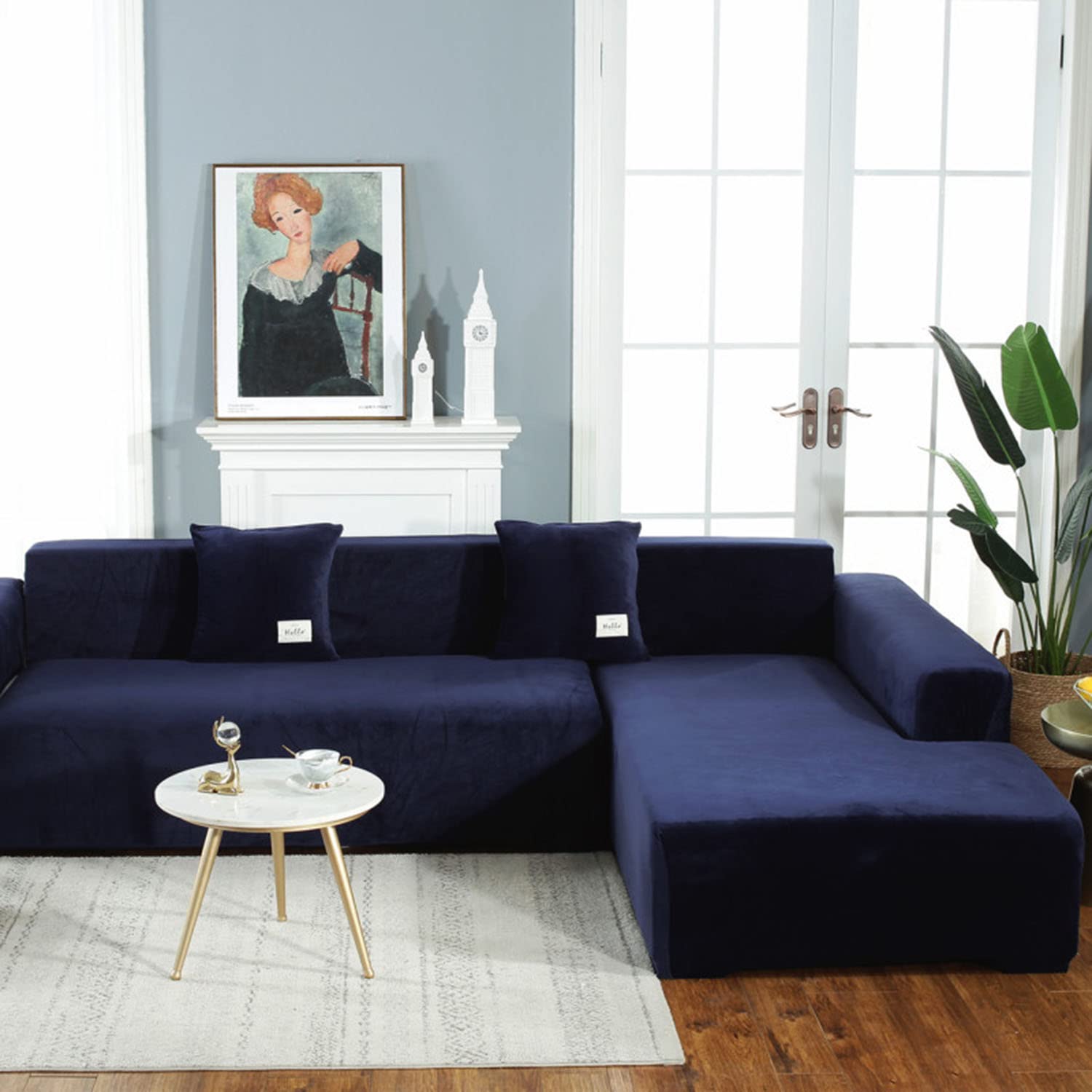 YOPOIY L-Shaped Stretch Velvet Sofa Cover - 2-Piece Universal Sectional Couch Slipcover, Soft Anti-Slip Fabric for Living Room, Pet-Friendly (Navy Blue, Fits 3-Seater + 4-Seater) - Perfect for Home Decor & Pet Protection