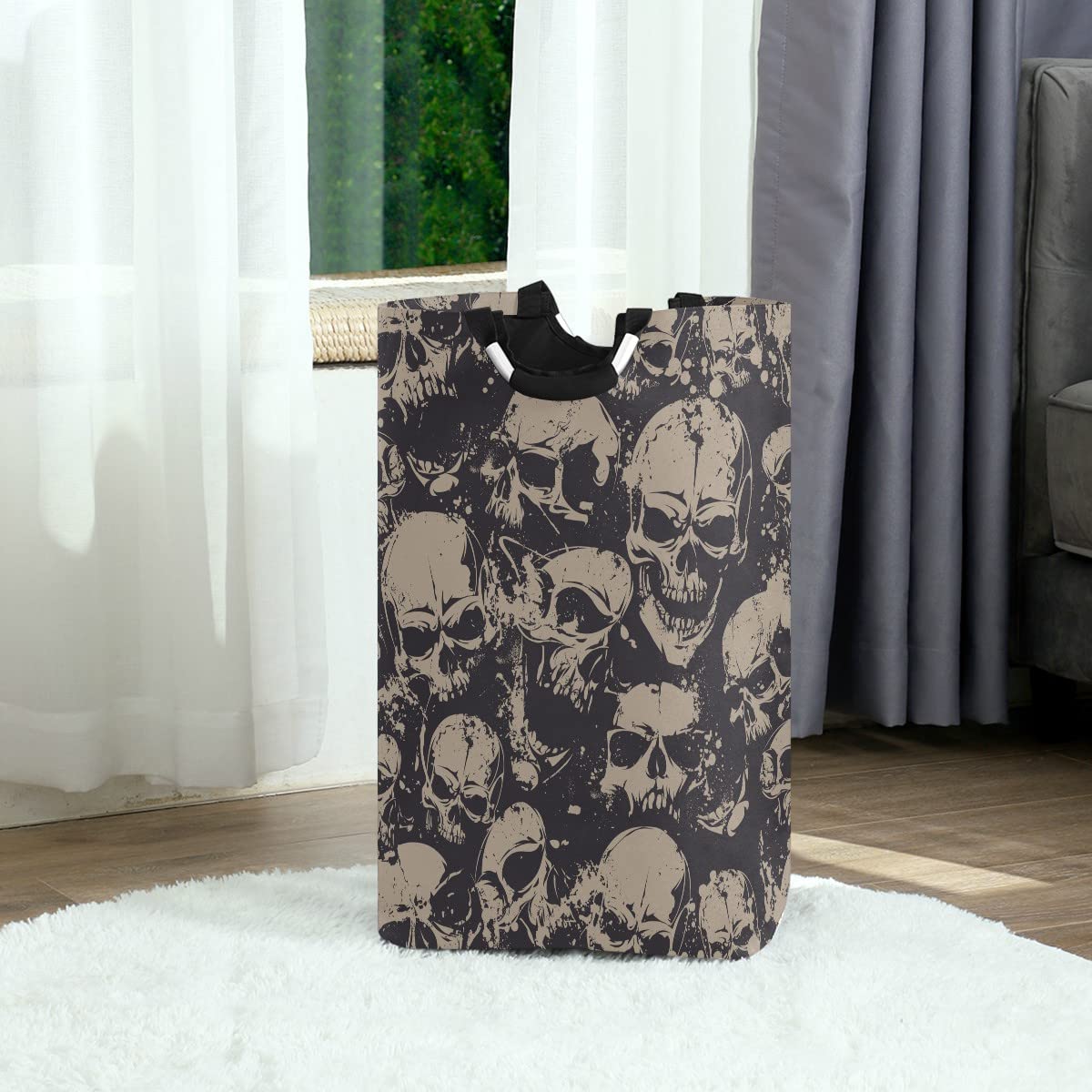 Foldable Collapsible Laundry Hamper Bag with Handles - Grunge Skull Design for Laundry Room, Bathroom Storage & Organization - Perfect for College Dorms, Camping & Travel