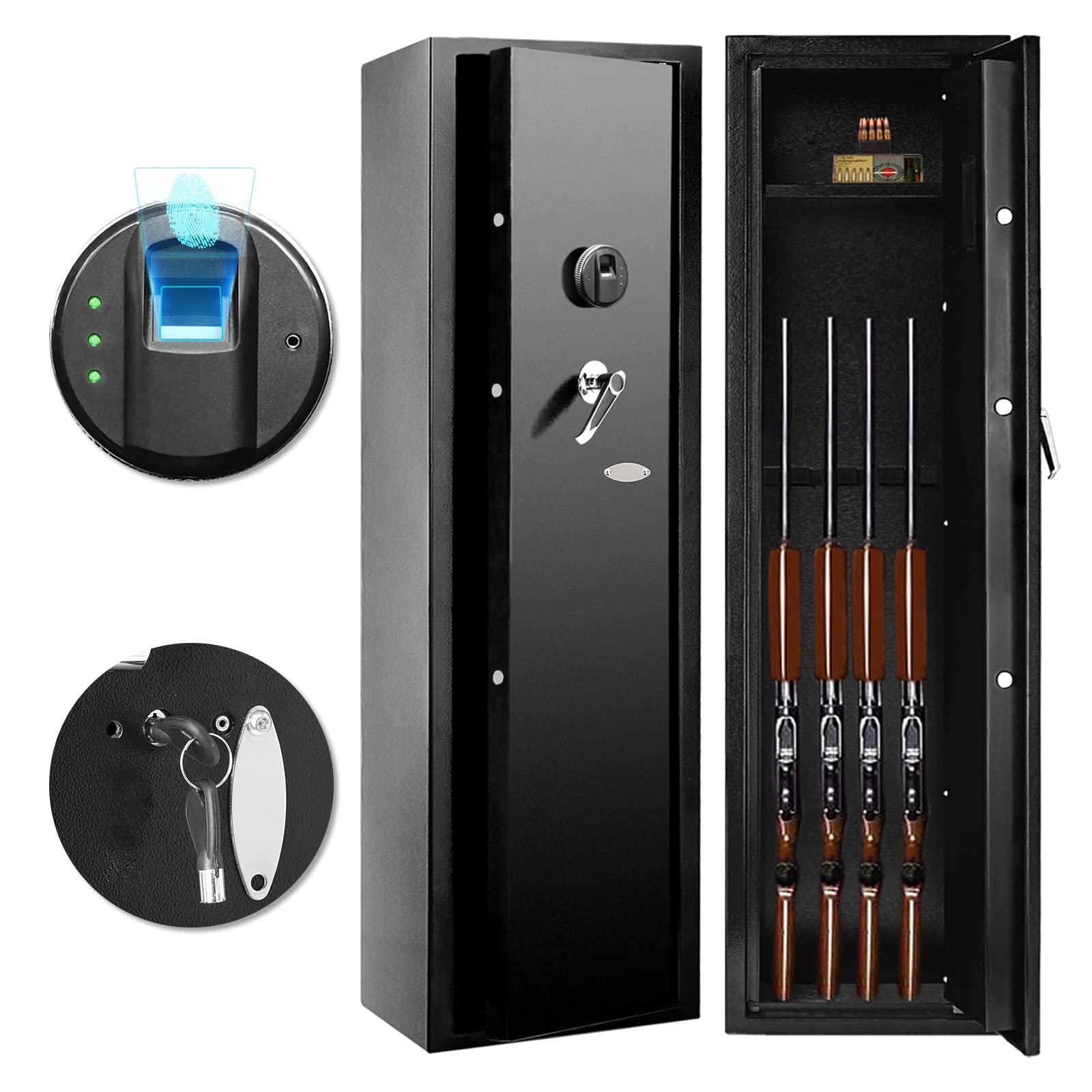 Biometric Rifle Gun Safe for Home - Fingerprint & Key Access Secure Storage for Rifles, Pistols, Shotguns & Firearms | Quick Access Smart Gun Cabinet with Lockbox - Ideal for Bedroom, Closet & Vehicle Security