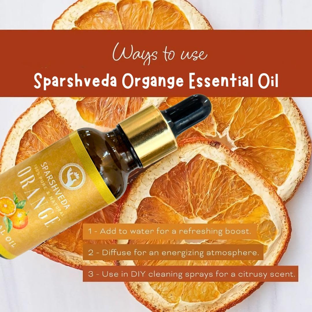 Sparshveda 100% Pure Organic Orange Essential Oil – Steam Distilled, Therapeutic Grade, Natural Citrus Oil for Aromatherapy, Diffuser, Skin & Hair Care (30ml) – Perfect for Relaxation, Massage & DIY Beauty Products